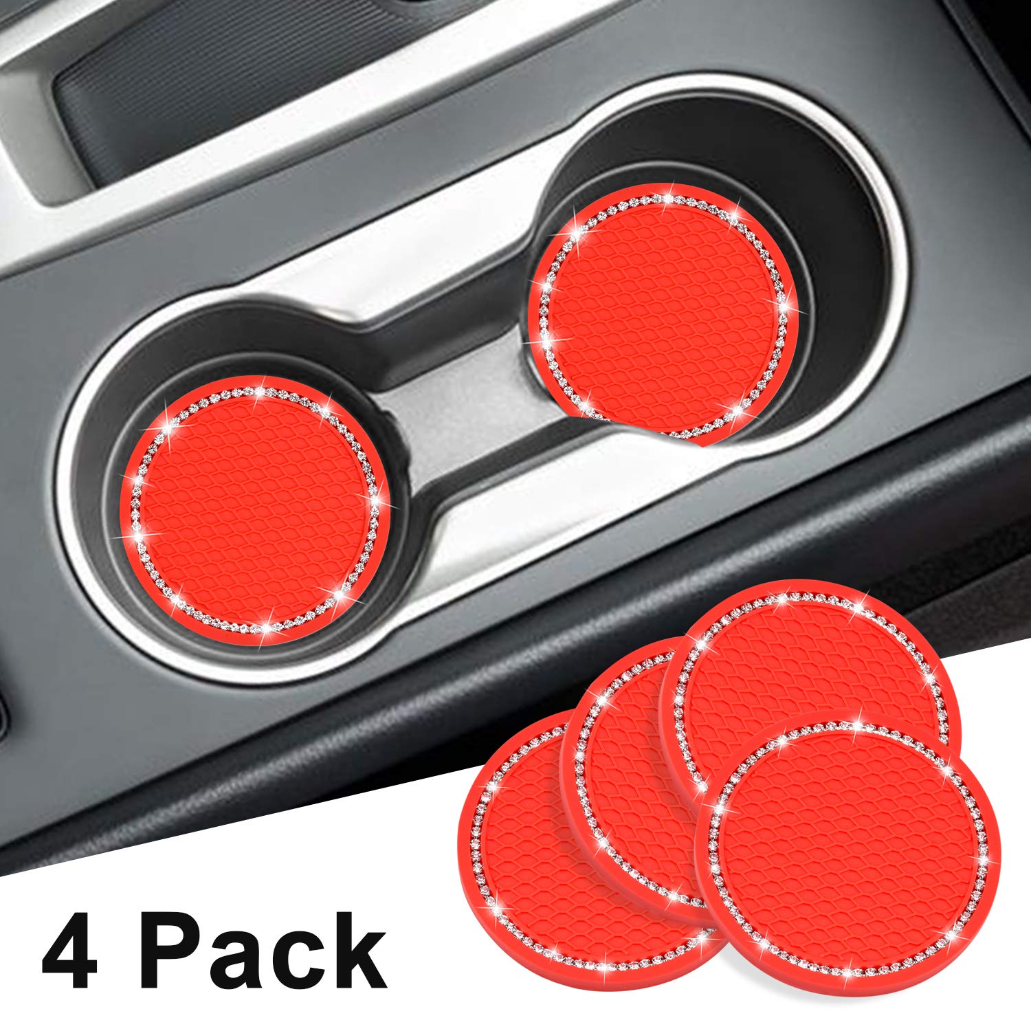 4 Pack Bling Car Coasters - Anti Slip PVC Cup Holder Inserts with Crystal Glitter | Universal Fit for Most Vehicles | Durable & Stylish Interior Accessories for Women & Girls | Perfect for Coffee, Drinks & Road Trips (Red, 2.75
