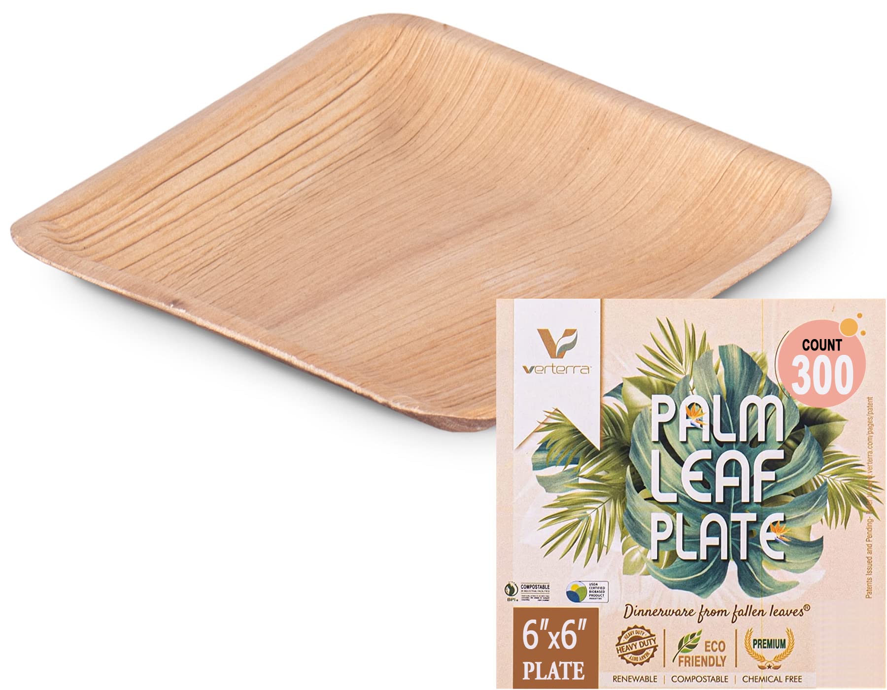 Eco-Friendly 6-Inch Square Compostable Palm Leaf Plates - Heavy Duty Disposable Dinnerware for Weddings, Parties & Events (300 Pack) | Sustainable Tableware for Outdoor Picnics, BBQs & Catering Services
