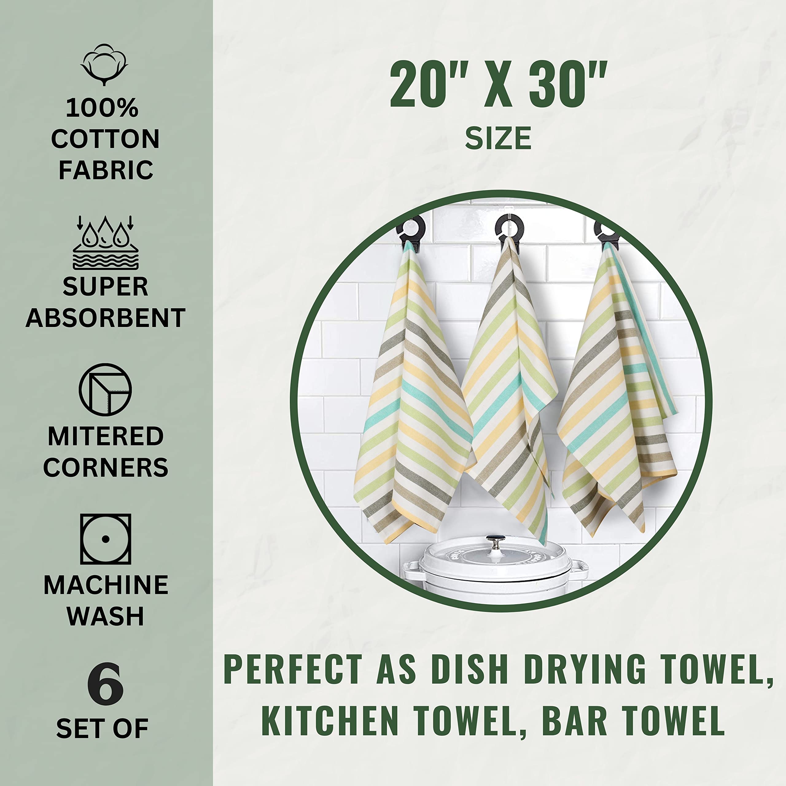 Premium Cotton Kitchen Towels Set of 6 - Super Absorbent & Soft for Cooking, Cleaning & Drying - 20x30in Striped Design