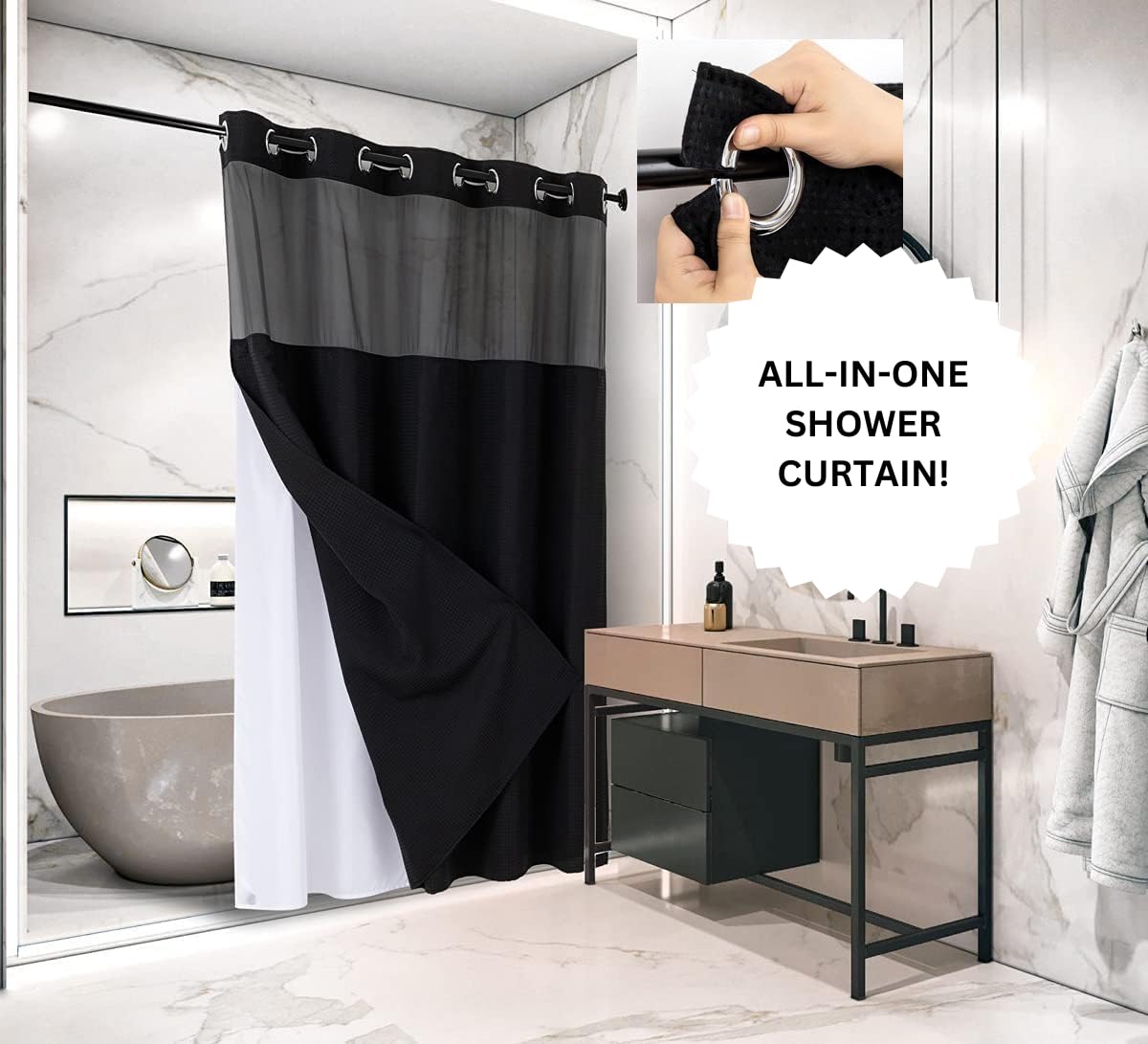 No Hooks Required Shower Curtain with Snap-in Liner - Waffle Weave Hotel Style Waterproof Bathroom Curtain, Washable Fabric with Mesh Top Window & Easy Snap Hooks, 72x74 Inches (Black) - Perfect for Modern Bathrooms, Guest Suites & Spa-Like Showers