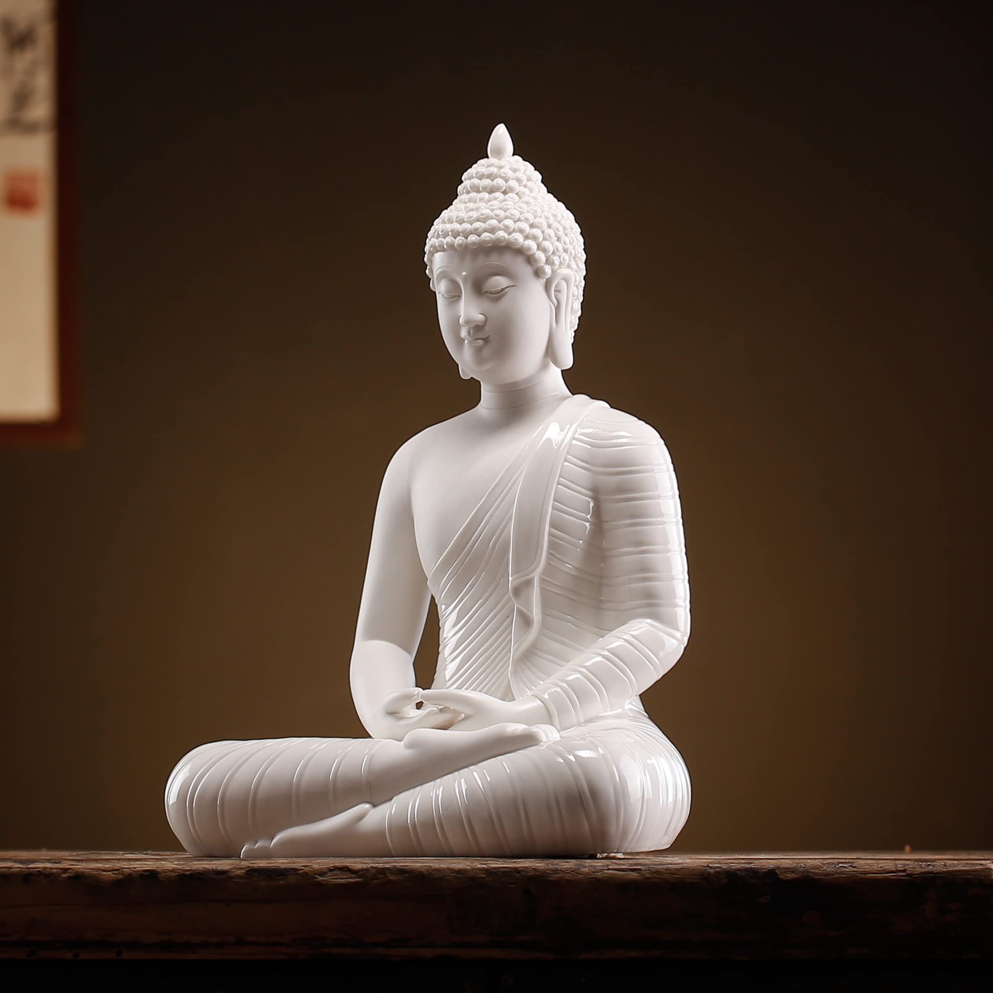 Qinlang 12 Inch White Ceramic Buddha Statue - Zen Meditation Decor for Home, Office & Garden - Perfect for Yoga Rooms, Meditation Spaces & Asian-Inspired Interior Design