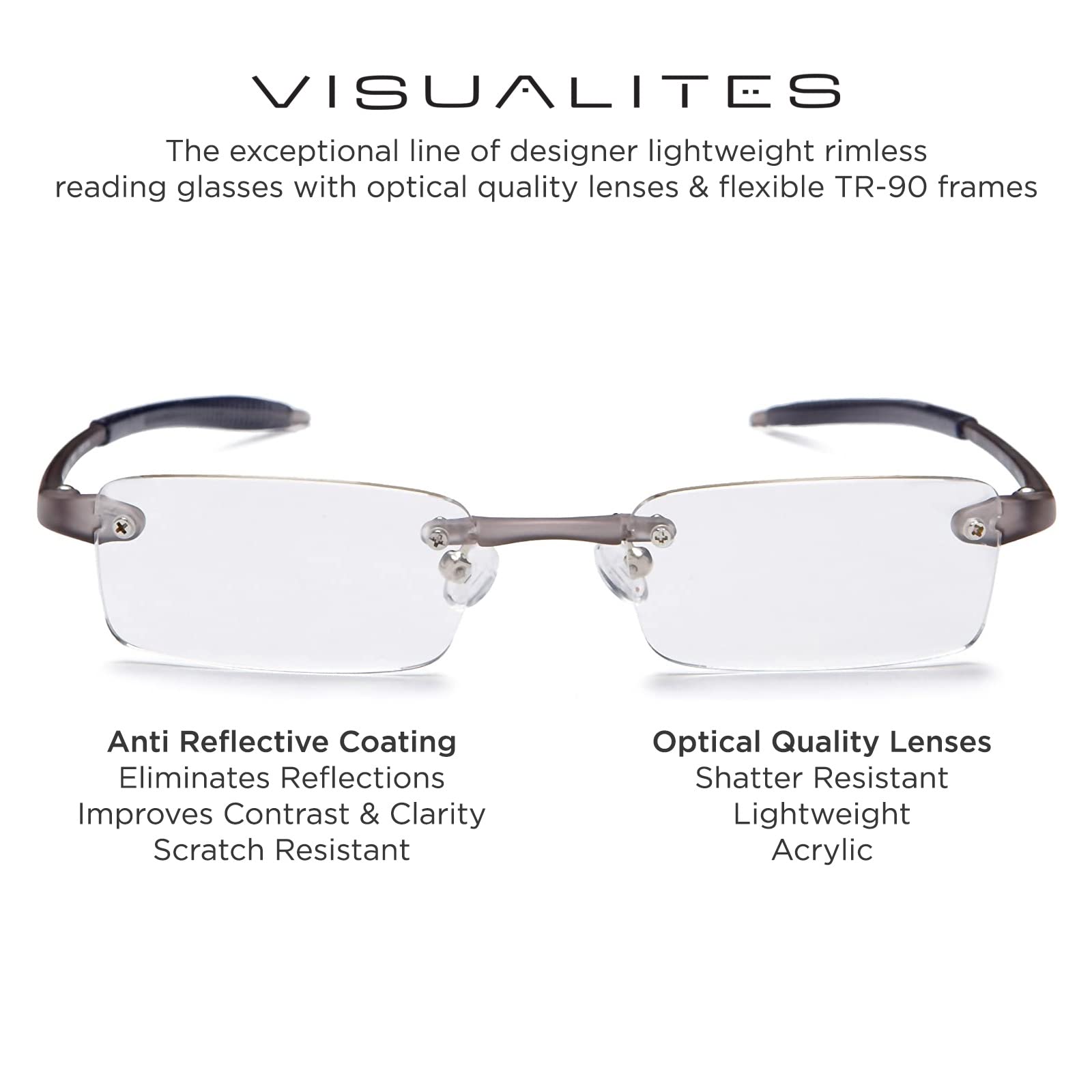 Lightweight Rimless Reading Glasses for Men and Women - VIS 1 Model - Perfect for Reading, Computer Work, and Daily Use