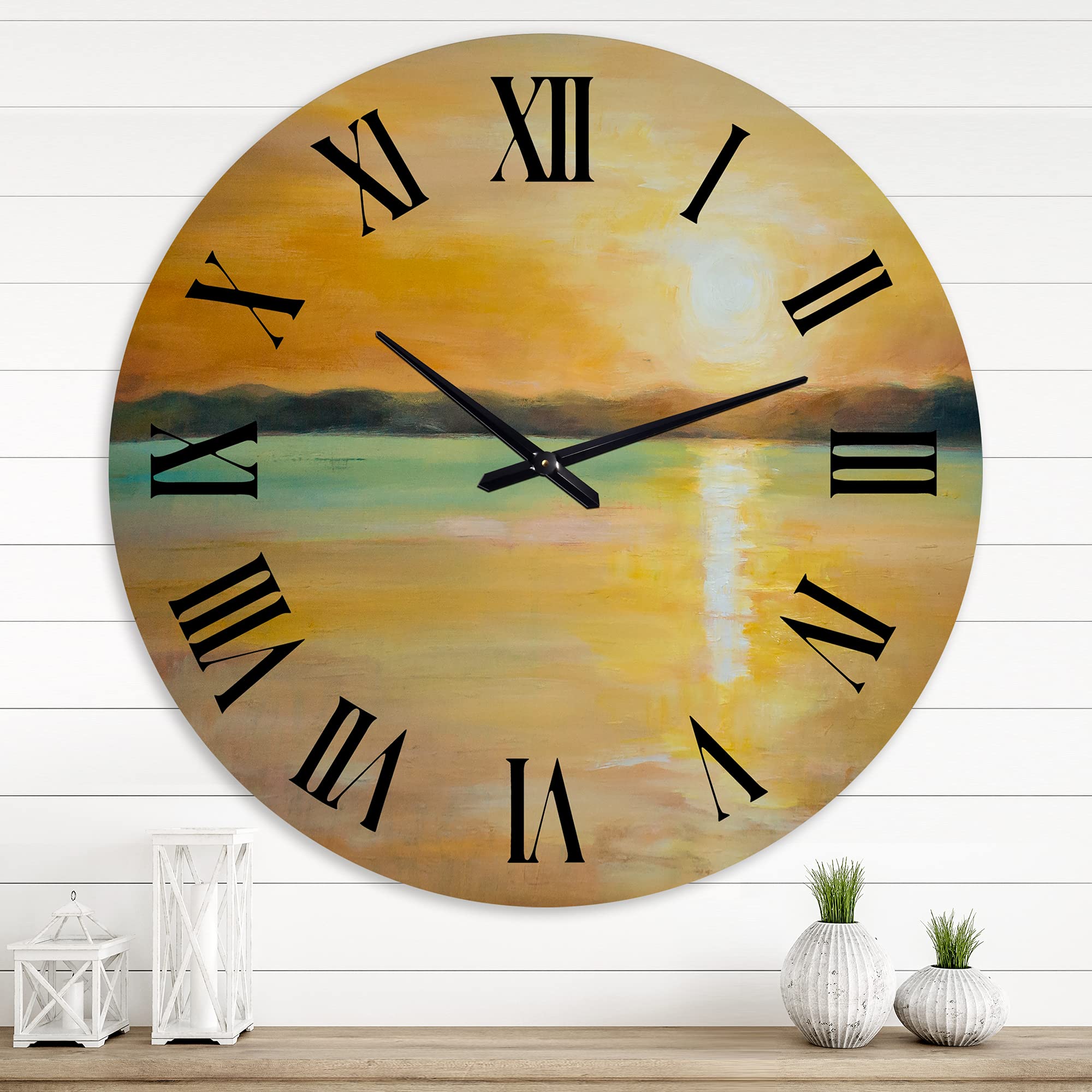 DesignQ Nautical Coastal Wall Clock - Yellow Sunset Horizon Round Clock for Home Office Decor | Perfect for Beach House, Living Room & Kitchen Wall Art