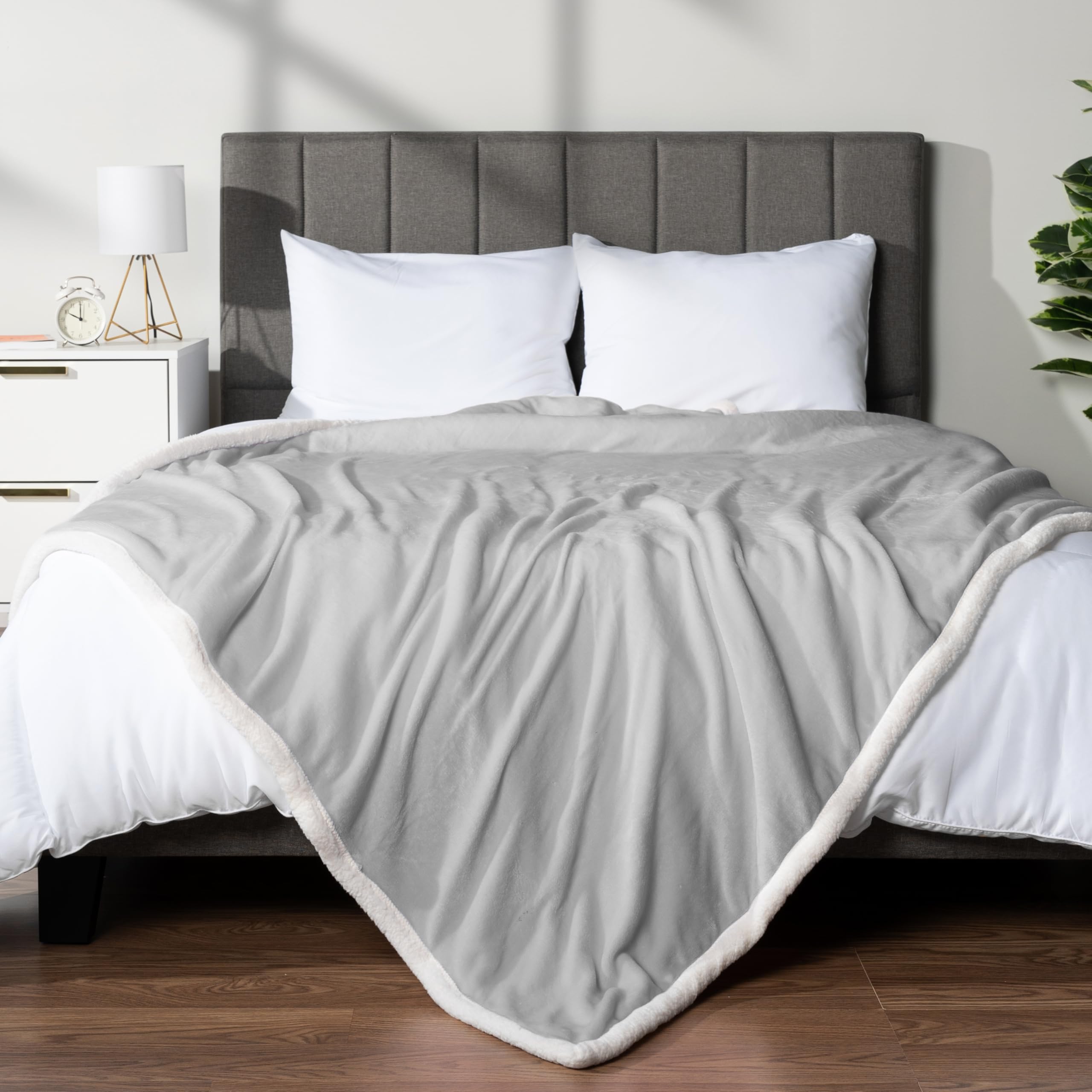 PAVILIA Queen Size Sherpa Fleece Blanket - Ultra Soft Plush Reversible Winter Blanket for Bed (90x90 Inches, Light Grey) - Cozy Warm Throw for Women & Men - Perfect for Couch, Sofa, Bedroom & Gift Giving
