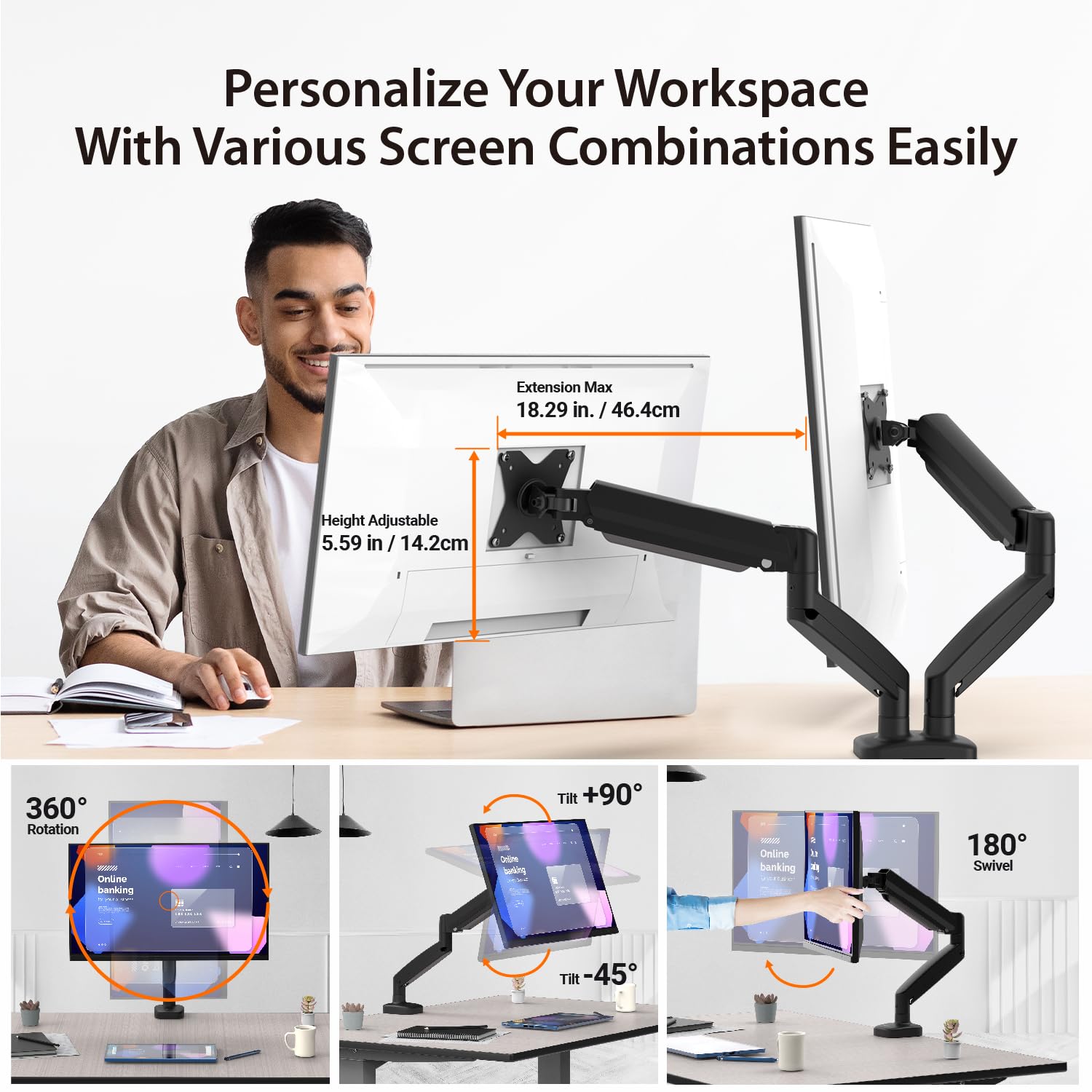 J5Create Ergonomic Dual Monitor Stand - Adjustable 2 Screen Desk Mount for 17-32 Inch Monitors with Cable Management, Clamp & Grommet Base (JTSA102) - Perfect for Home Office, Gaming Setup & Workspace Productivity