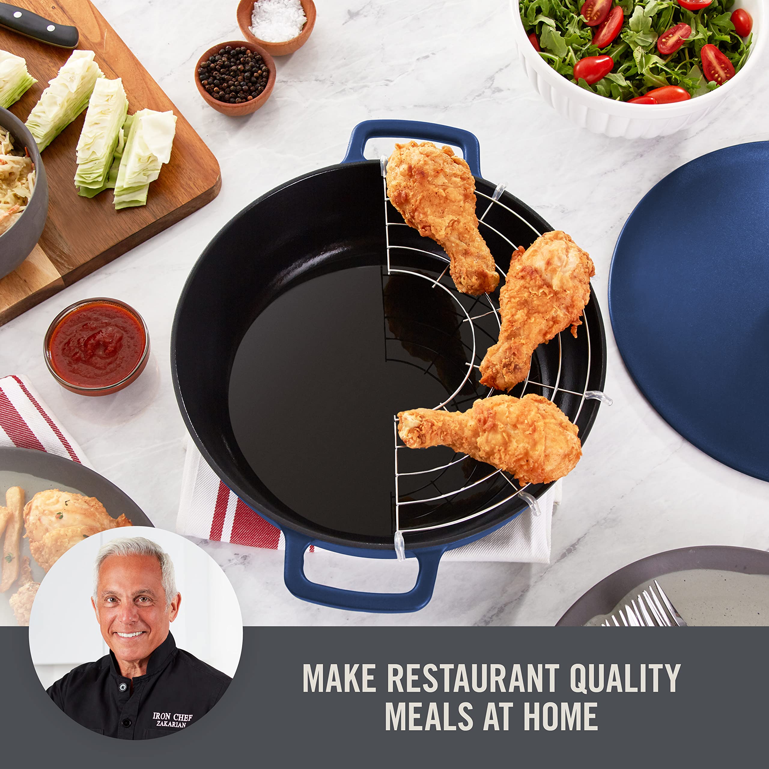 DASH Zakarian by Dash 4.5Qt Nonstick Cast Iron Braiser Pan - Blue Dutch Oven for Braising, Frying, Roasting, Baking & Sautéing | Perfect for Stovetop, Oven & Serving Dishes