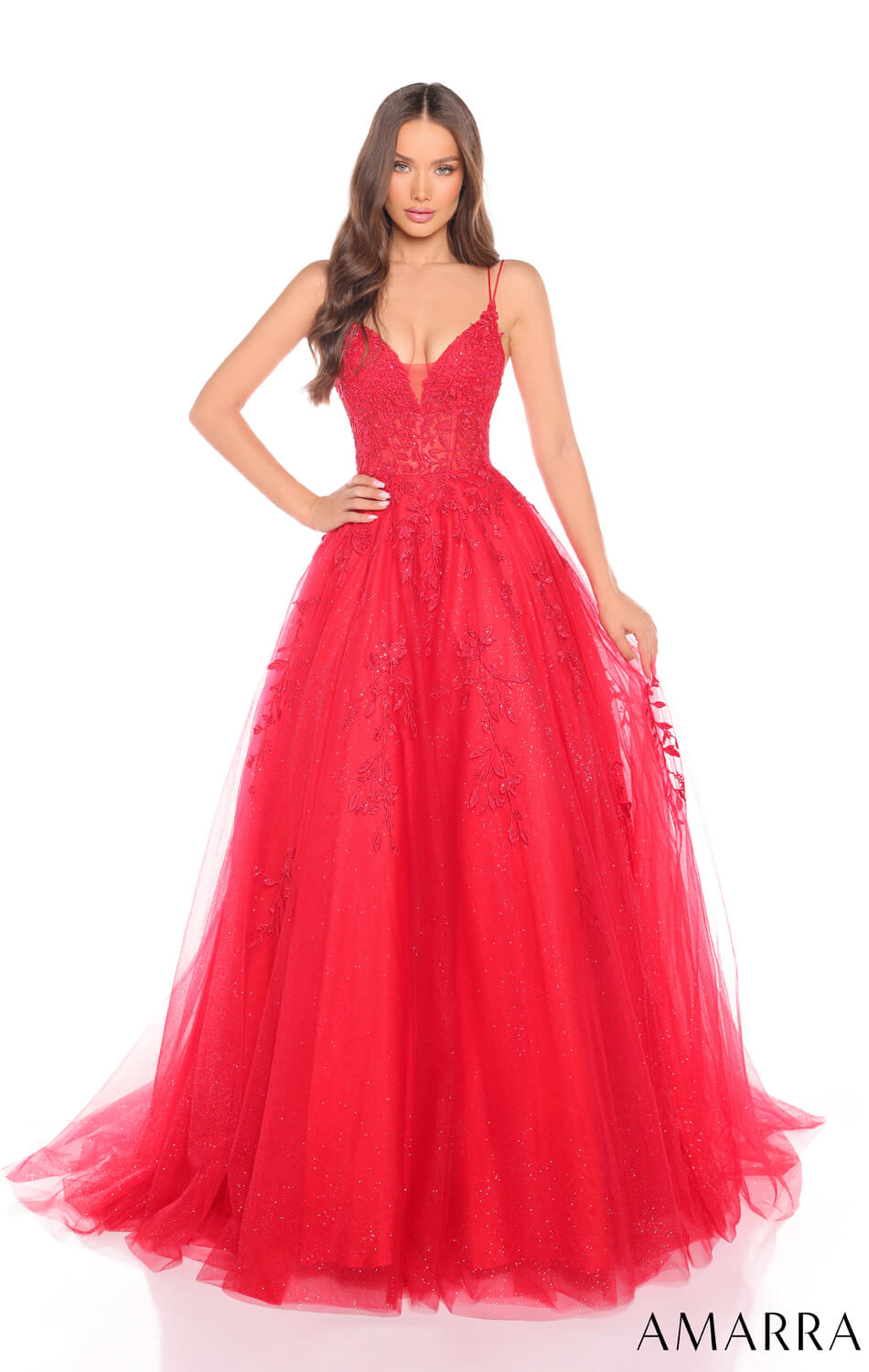 Amarra Floral Ball Gown with Plunging V Neckline - Elegant Formal Dress for Prom, Wedding & Evening Events