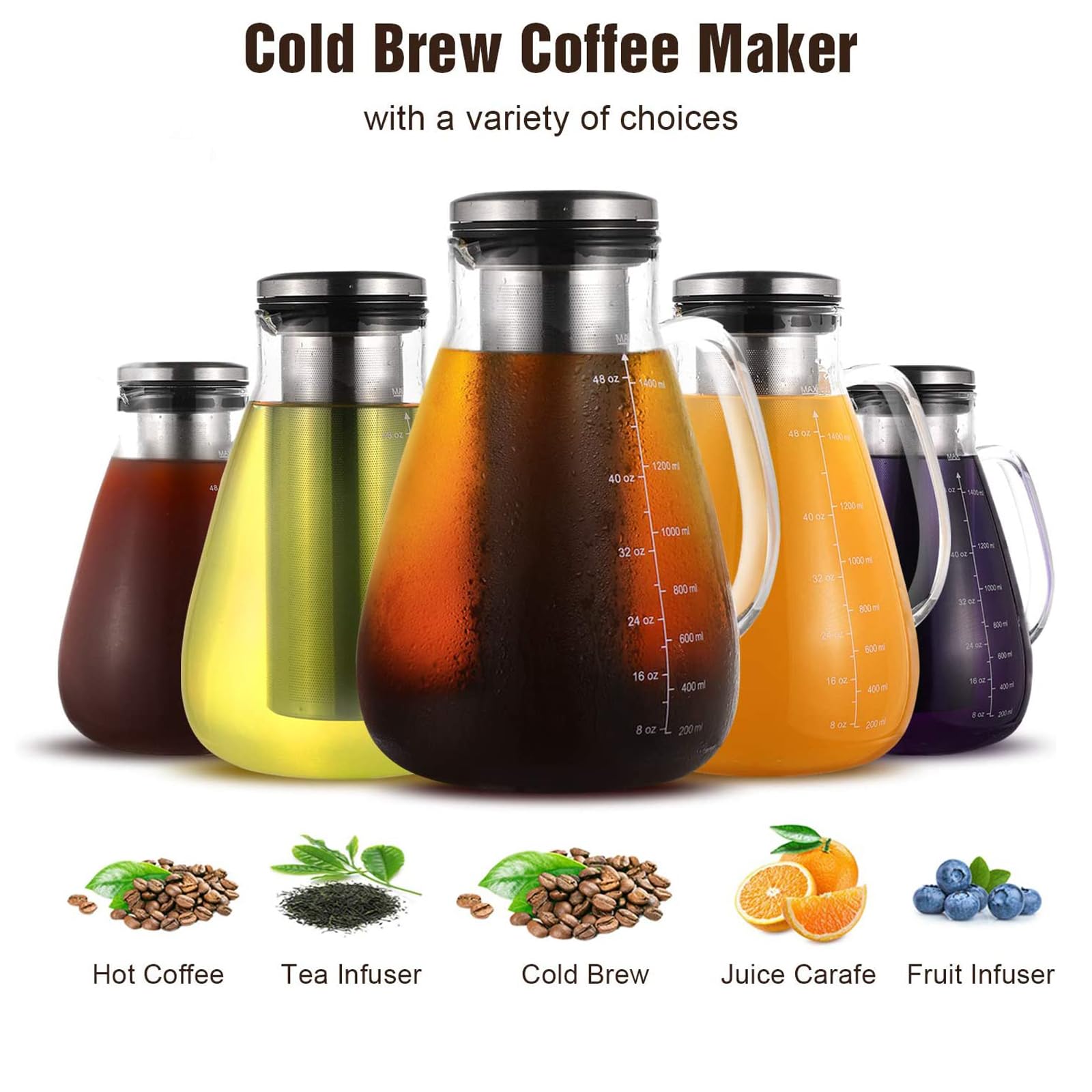 Premium Cold Brew Coffee Maker 51oz - BPA-Free Glass Pitcher with Removable 304 Stainless Steel Double Mesh Filter - Iced Coffee & Tea Infuser for Home, Office, and Outdoor Use