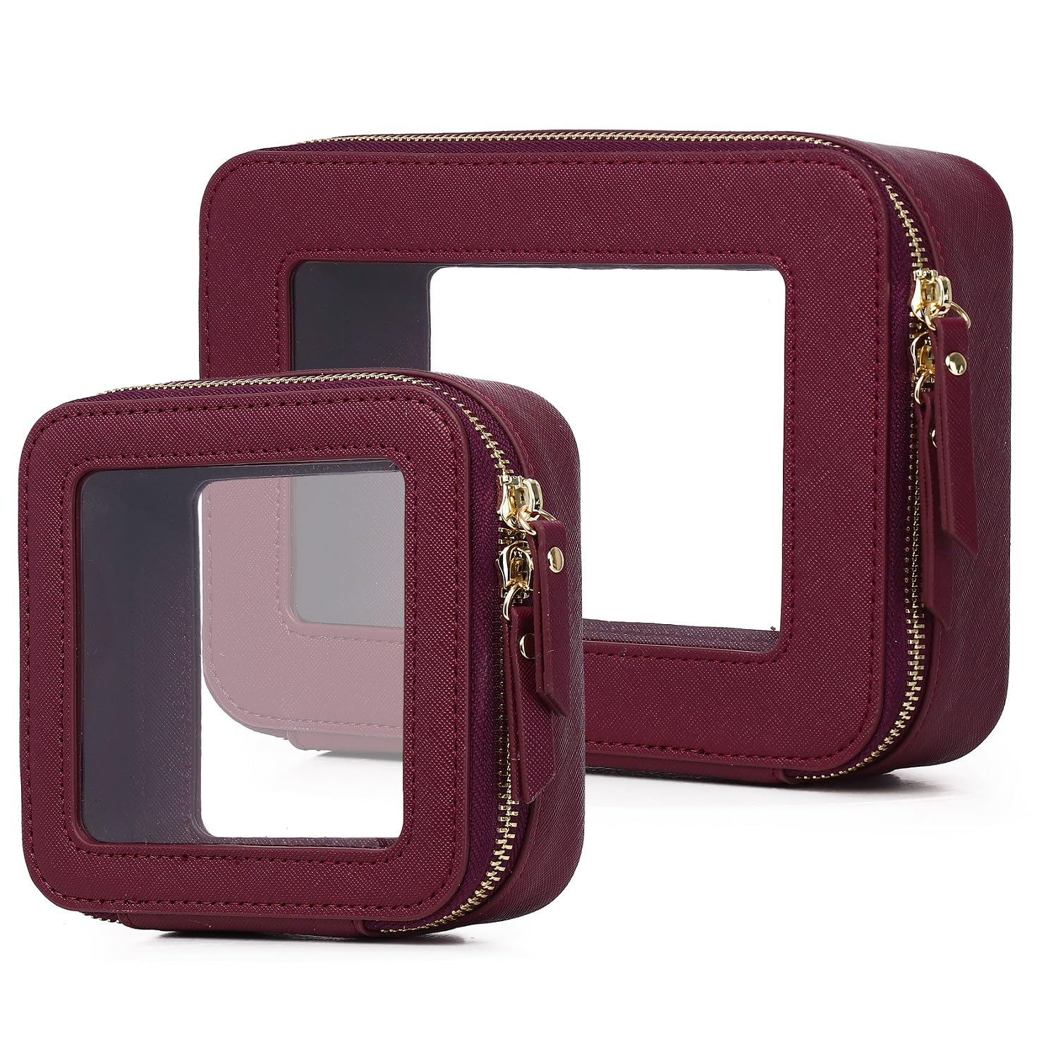 Waterproof Clear Makeup Bag Travel Organizer for Cosmetics & Toiletries - Women's Zippered Purse & Car Storage Case (X/Burgundy, M+MINI) - Perfect for Travel, Gym, Beach & Daily Organization