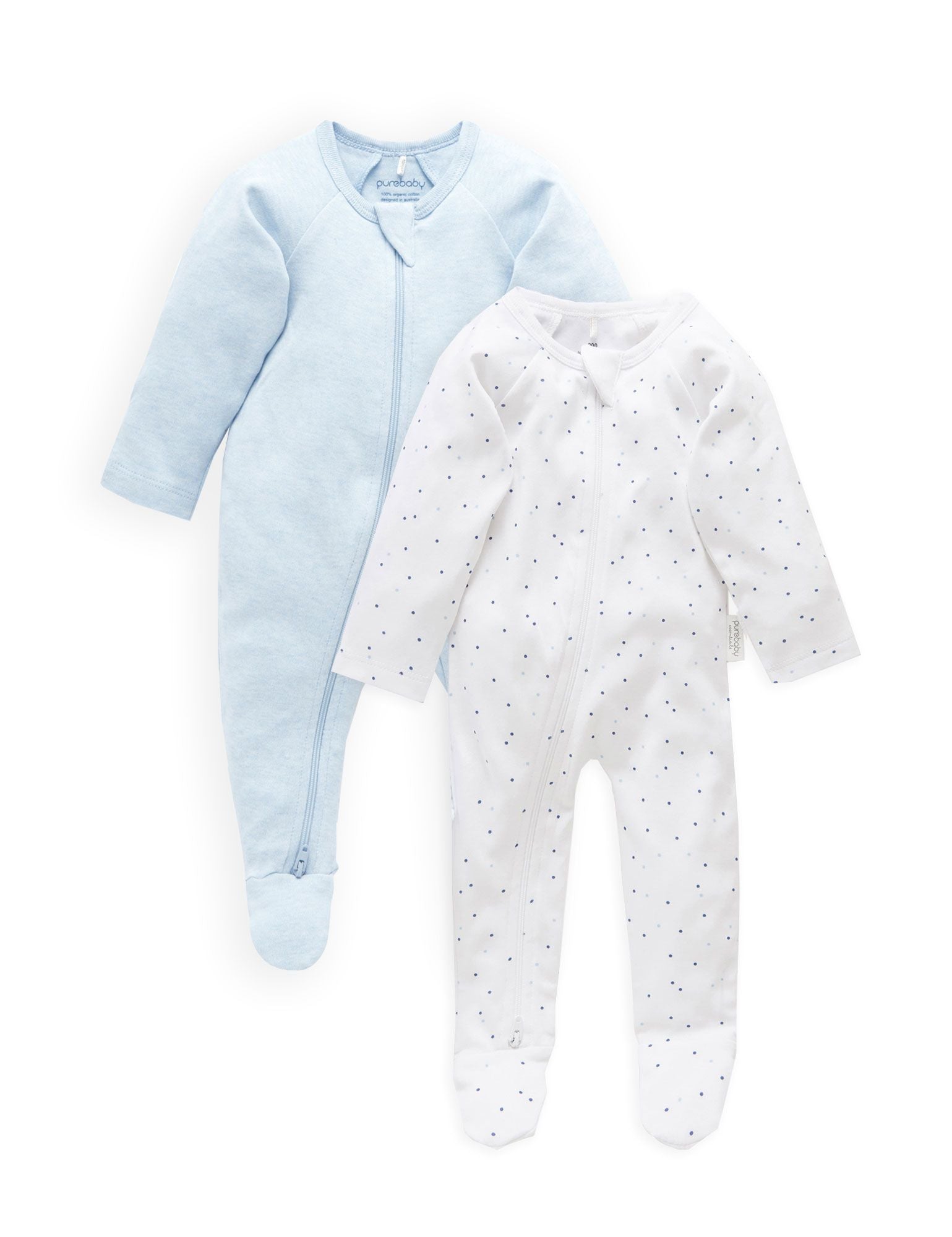 Purebaby Organic Zip Growsuit 2 Pack - Pale Blue & Spots | Soft Baby Sleepwear for Boys & Girls | Perfect for Nursery, Daycare & Playtime