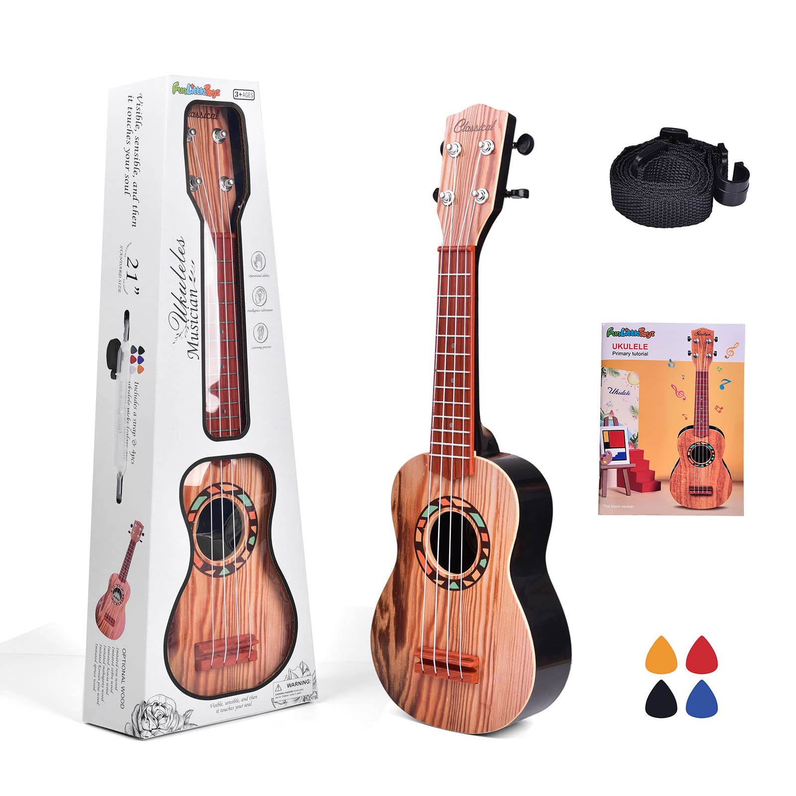 21 Inch Kids Ukulele Toy - Colorful Plastic Mini Guitar with Strap, Picks & Tutorial - Musical Learning Instrument for Toddlers & Beginners - Fun Educational Gift for Boys & Girls (Burlywood) - Perfect for Birthday Parties, Music Lessons & Pretend Play
