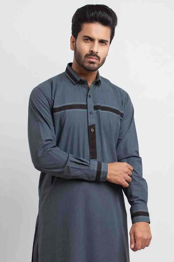 Elegant Grey Shalwar Kameez with Black Stripe - Traditional Pakistani Outfit for Men & Women - Perfect for Weddings, Eid & Special Occasions