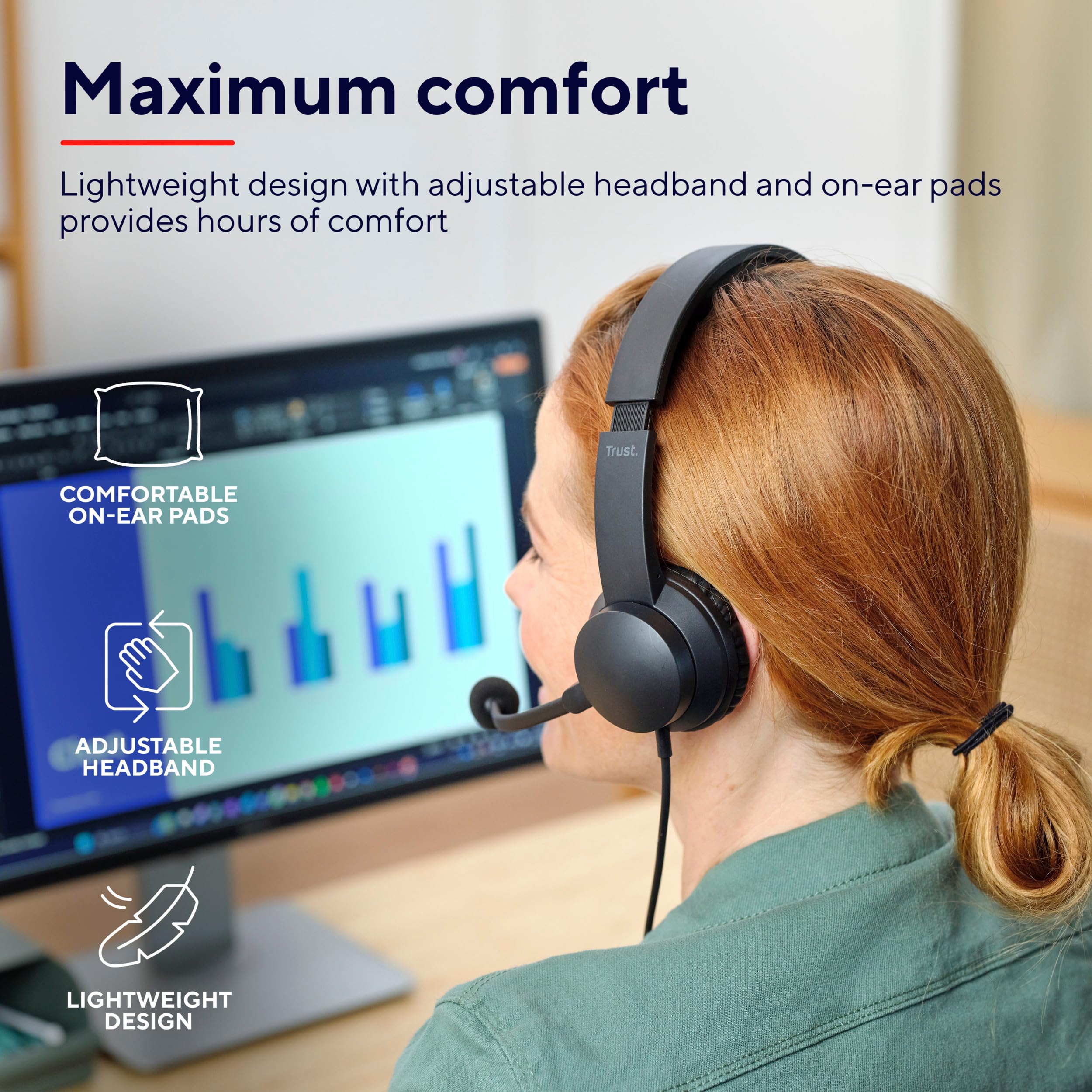 Trust Ayda Lightweight On-Ear Wired Headphones with Microphone - 3.5mm PC Headset, Adjustable Headband & 1.8m Cable for Computer, Laptop, Desktop, Mac | Perfect for Home Office, Zoom Meetings, Teams Calls & Online Classes (Black)