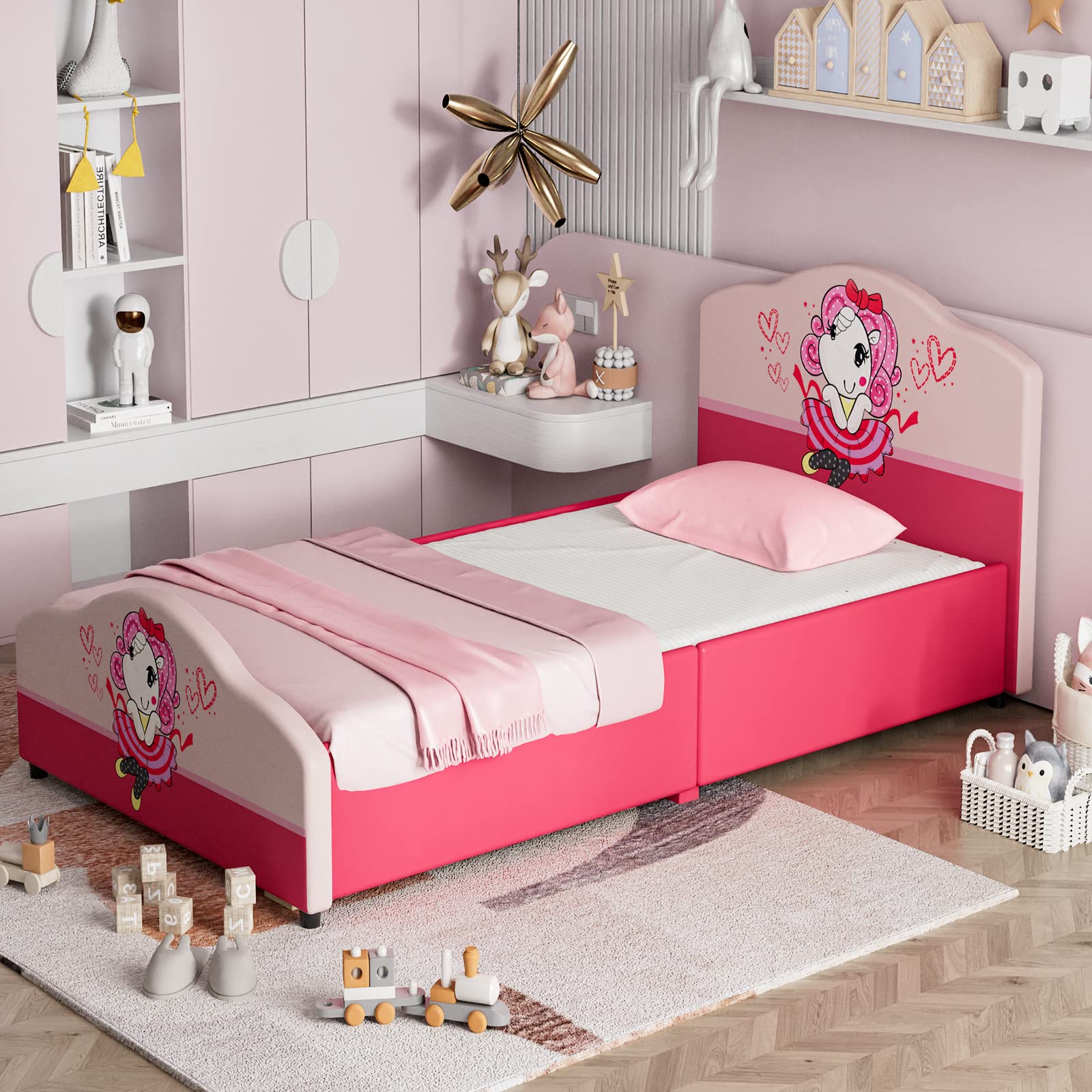 HONEY JOY Twin Bed Frame for Kids - Sturdy Wooden Platform Bed with Headboard & Slat Support, No Box Spring Needed - Perfect for Boys & Girls Bedrooms - Fits Standard Twin Mattress - Ideal for Toddler Rooms, Sleepovers & Kids' Bedroom Decor