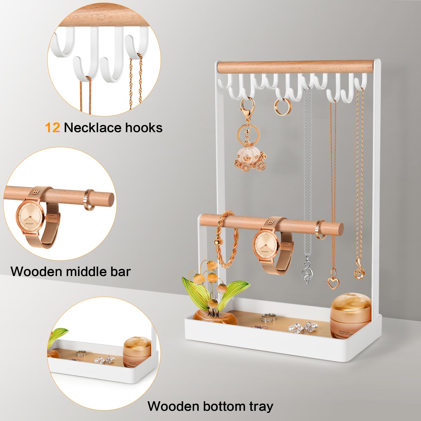 PAMANO 3-Tier Wooden Jewelry Organizer Stand - Necklace Holder with 12 Hooks, Earring Tray & Bracelet Display Rack for Rings, Watches Storage | Perfect for Bedroom Vanity, Closet Organization & Jewelry Store Display