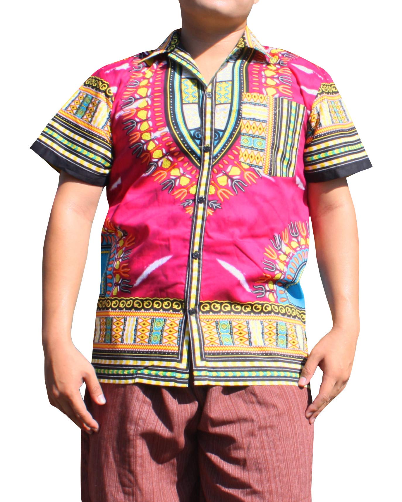 Authentic African Dashiki Artwork Hawaiian Shirt - 100% Pure Cotton, Large Collar Men's Aloha Shirt for Beach Vacation, Summer Party & Cultural Events