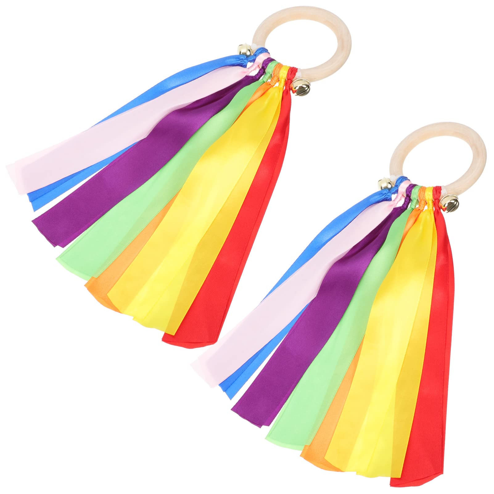 STOBOK 2Pcs Montessori Hand Kite Toy with Wooden Ring & Bells - Colorful Dancing Ribbon Streamer for Kids, Waldorf Educational Wind Wand - Perfect for Outdoor Play, Preschool Learning & Sensory Development Activities