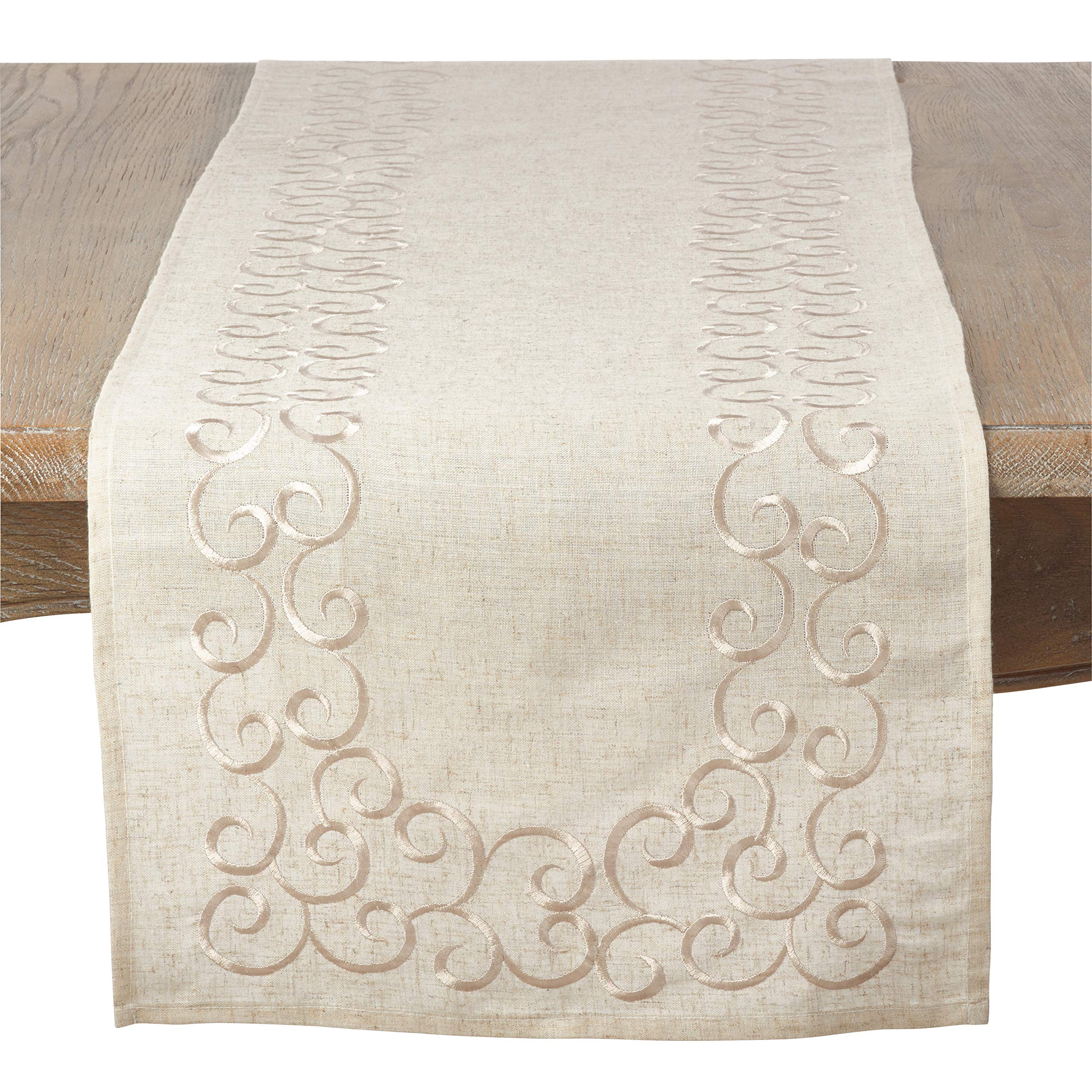 SARO LIFESTYLE Embroidered Linen Blend Table Runner - 16x72 Inches, Natural Color, Elegant Swirling Design for Dining Table Decor | Perfect for Weddings, Dinner Parties & Home Decoration