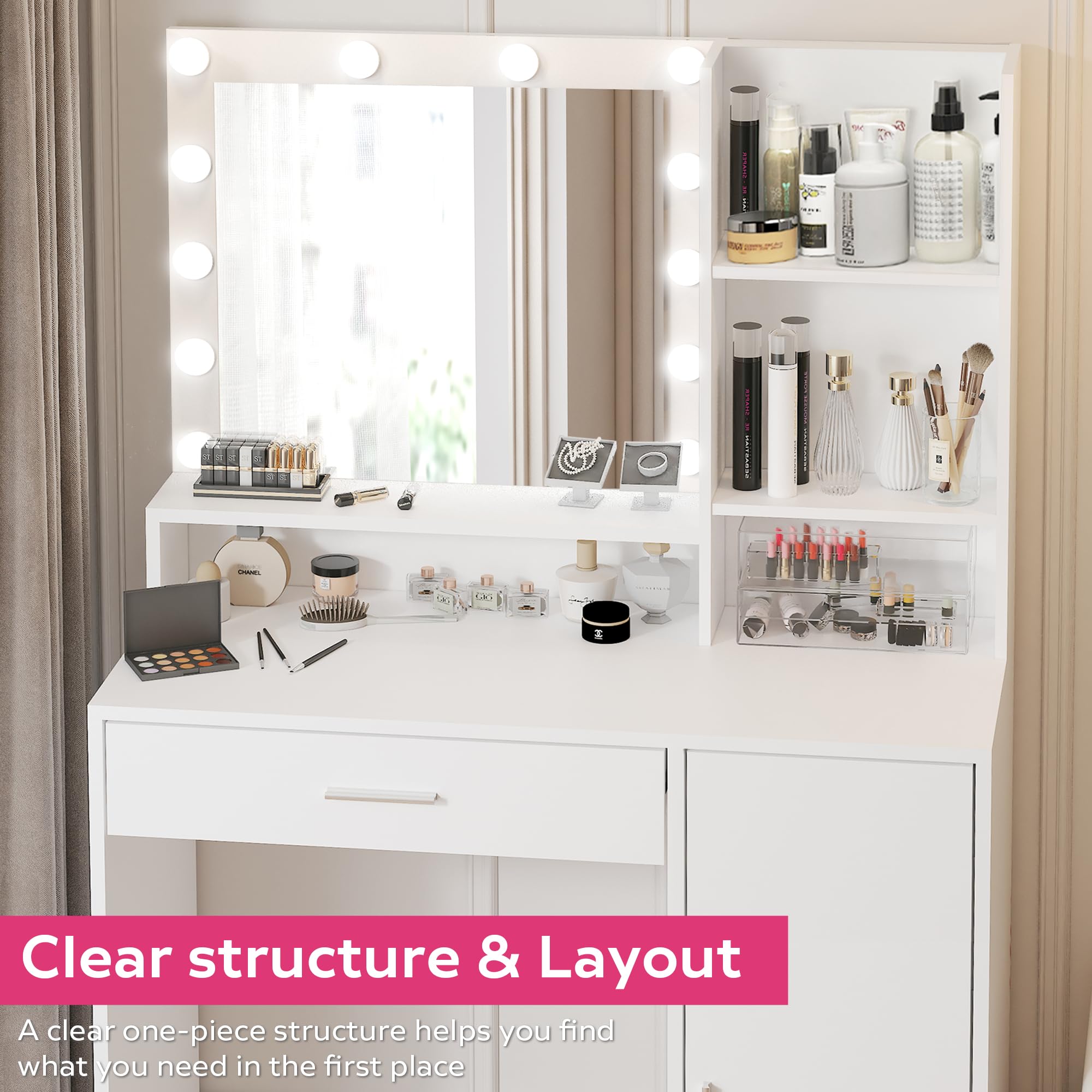 Vanity Desk with Mirror and LED Lights - Large Drawer & 3-Tier Storage Dresser - 3 Adjustable Lighting Modes & Brightness - White Bedroom Dressing Table for Makeup, Skincare & Jewelry Organization