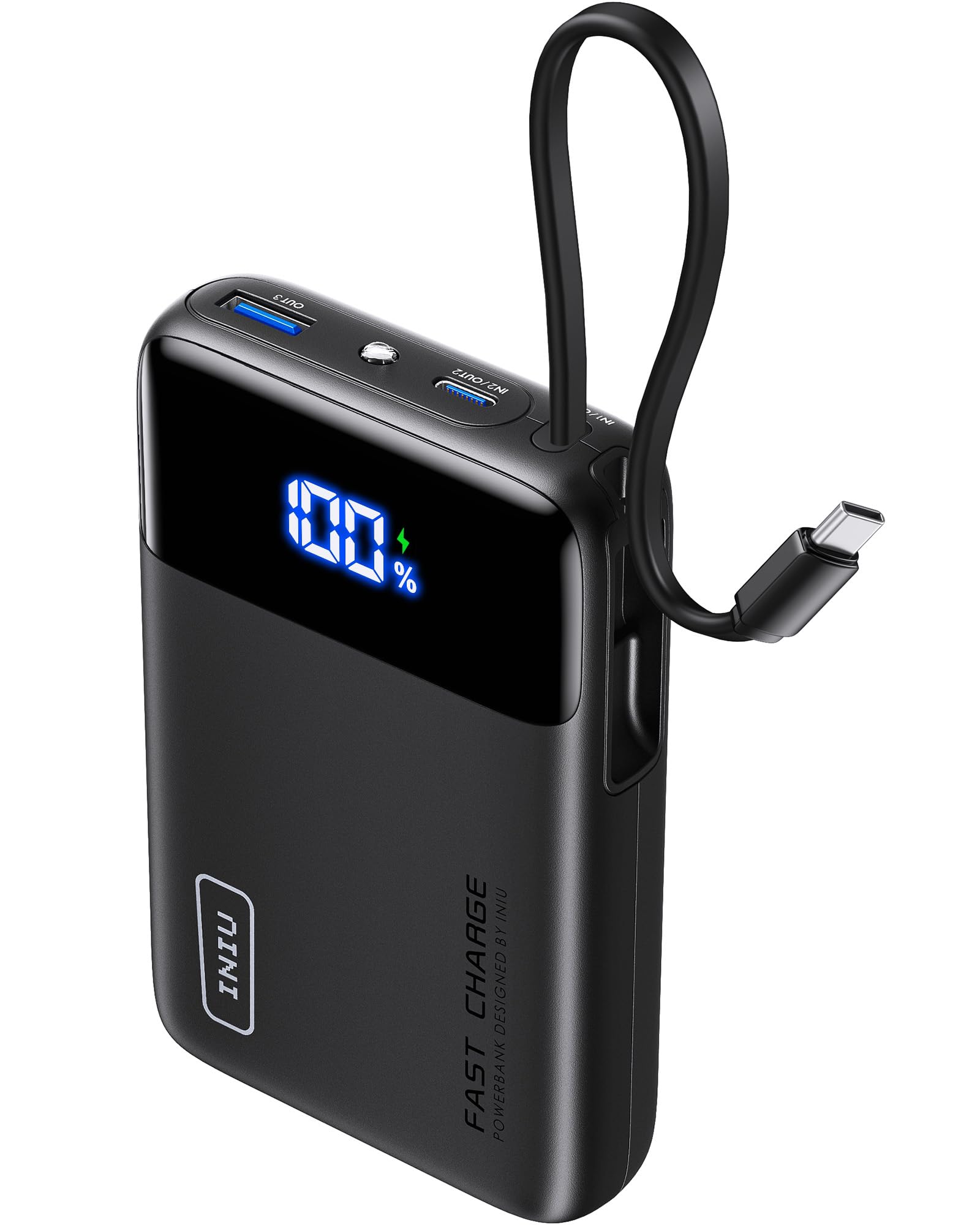 INIU 45W 20000mAh Mini Power Bank with Built-in USB-C Cable | PD 3.0 QC 4.0 Fast Charging | Compact & Powerful Portable Charger for iPhone 15/14/13/12 Pro Max, Samsung, iPad | Perfect for Travel, Camping & Daily Use