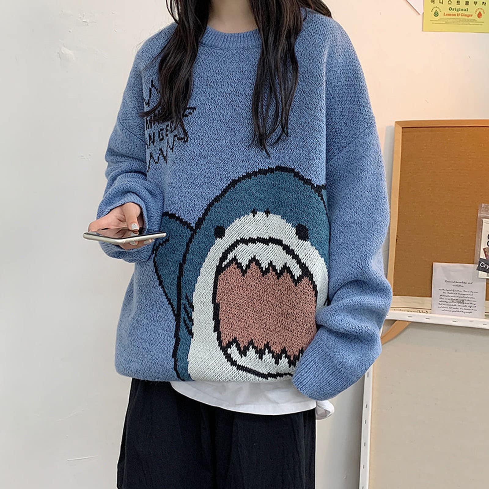 Korean Cartoon Shark Sweater for Men & Women - Loose Fit Casual Pullover - Perfect for Anime Fans, Streetwear & Cozy Winter Outfits
