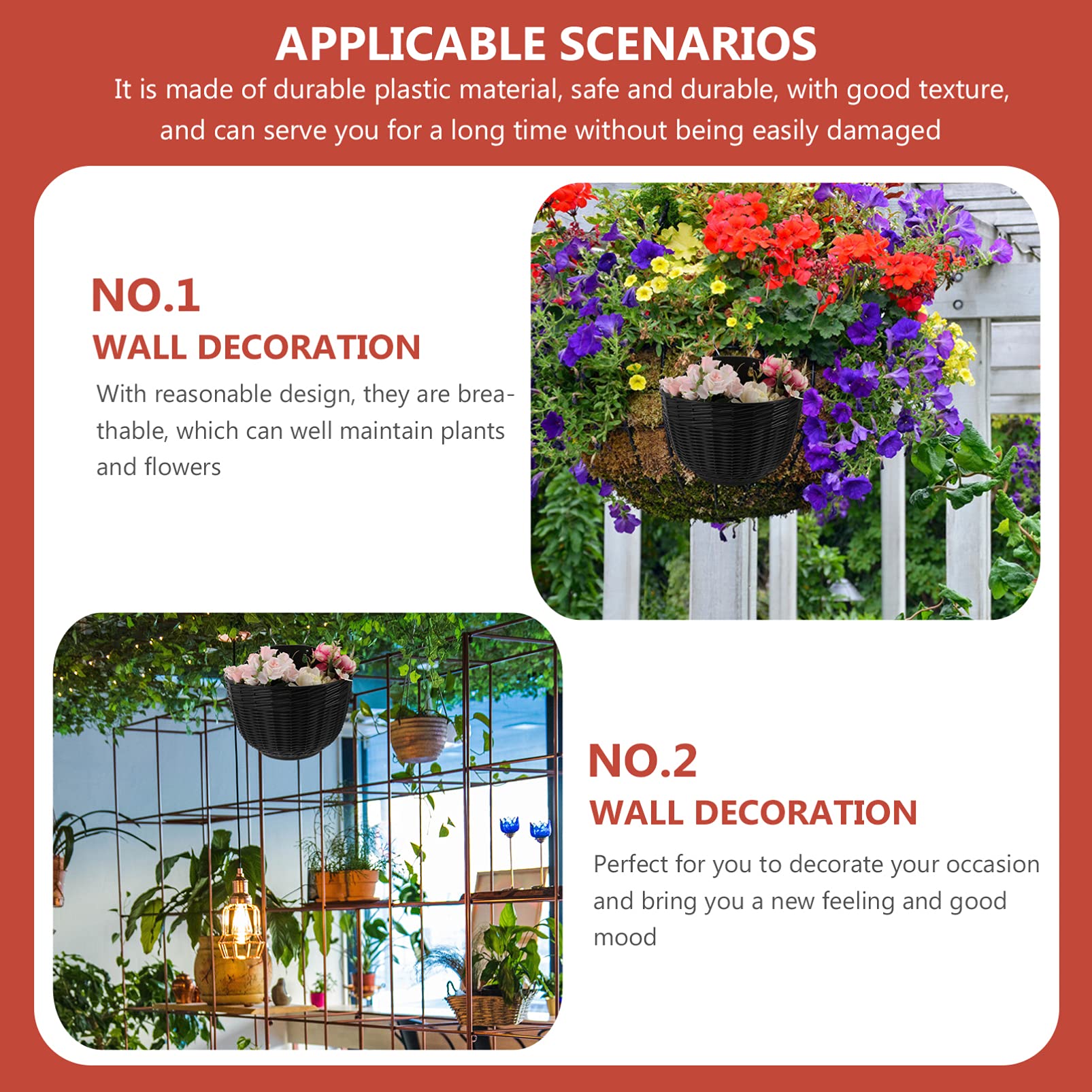 DOITOOL Black Plastic Rattan Wall Hanging Planter Basket - Half Moon Self Watering Flower Pot for Indoor/Outdoor Plants - Perfect for Porch, Balcony, Fence & Garden Decor