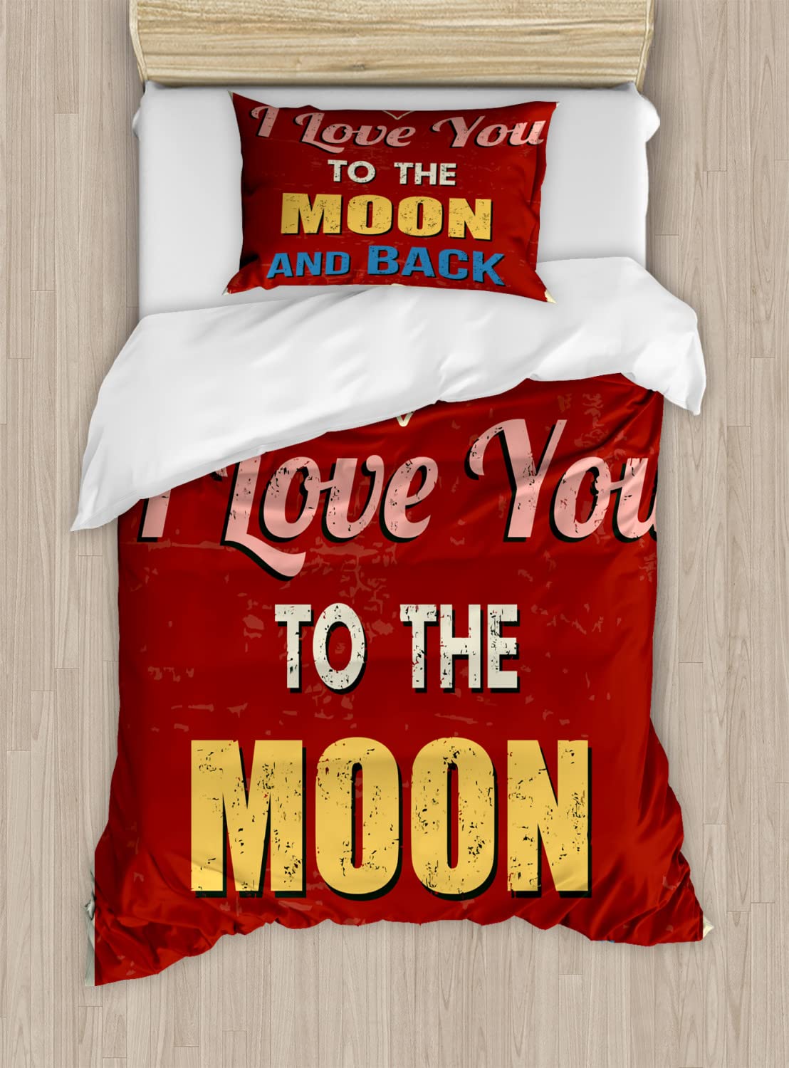 Ambesonne Vintage I Love You to The Moon and Back Duvet Cover Set - Romantic Calligraphy Bedding Collection with 2 King Size Duvet Covers & 4 Pillowcases, Ruby Marigold - Perfect for Couples Bedroom Decor & Anniversary Gifts