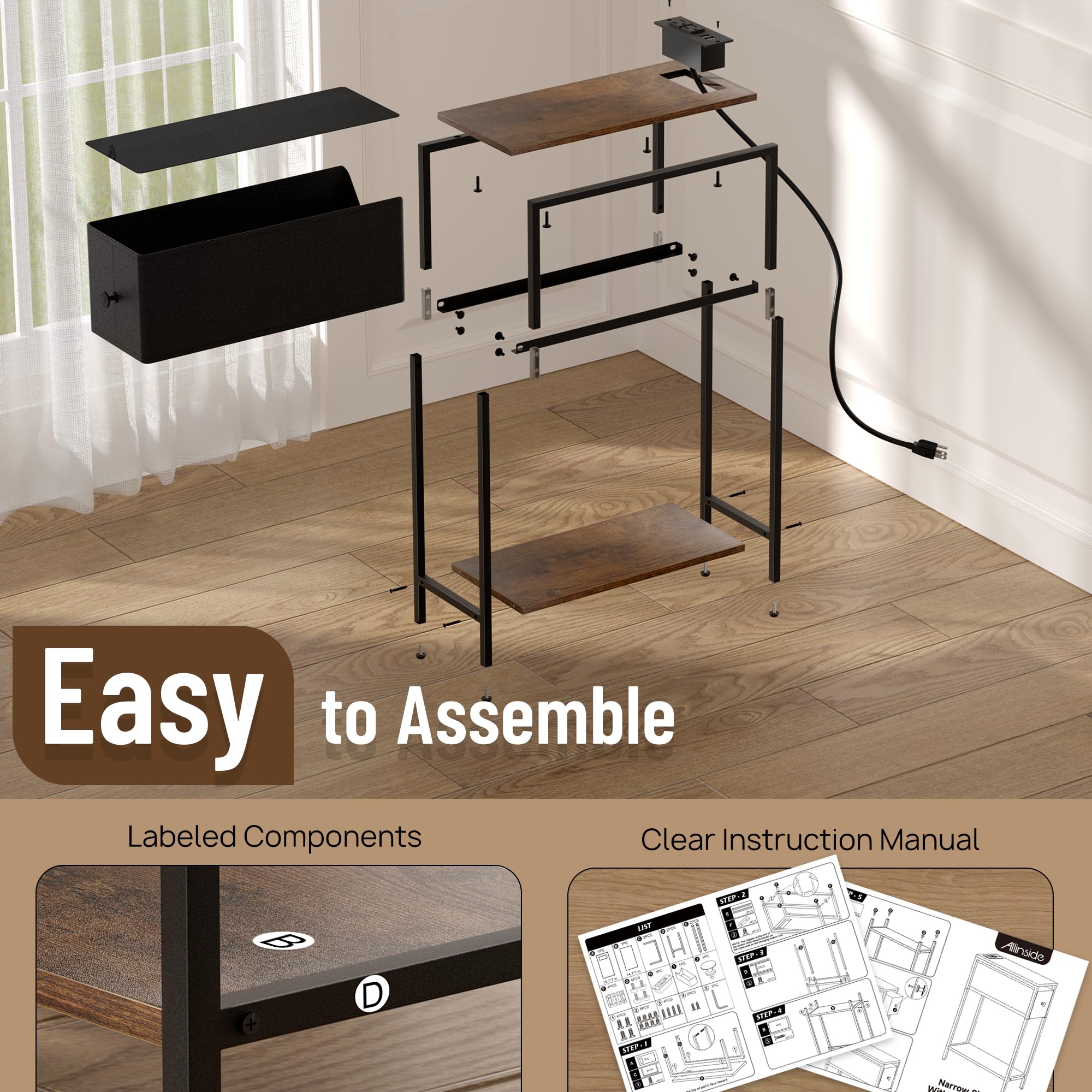 Allinside Narrow Side Table - Slim End Table with Charging Station & Fabric Drawer for Small Spaces, Rustic Brown Nightstand with Storage | Perfect Bedside Table for Living Room, Bedroom, Dorm & Apartment | Space-Saving Furniture for Compact Areas