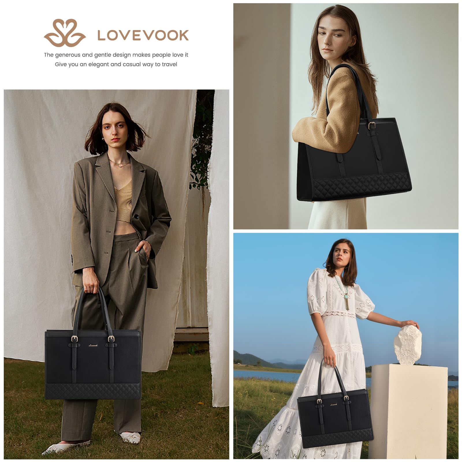 LOVEVOOK 15.6 Inch Women's Canvas Laptop Tote Bag - Large Capacity Work Bag with Clutch Purse, Business Briefcase & Travel Handbag for Office, College, School | Perfect for Work Commute, Business Trips & Campus Life