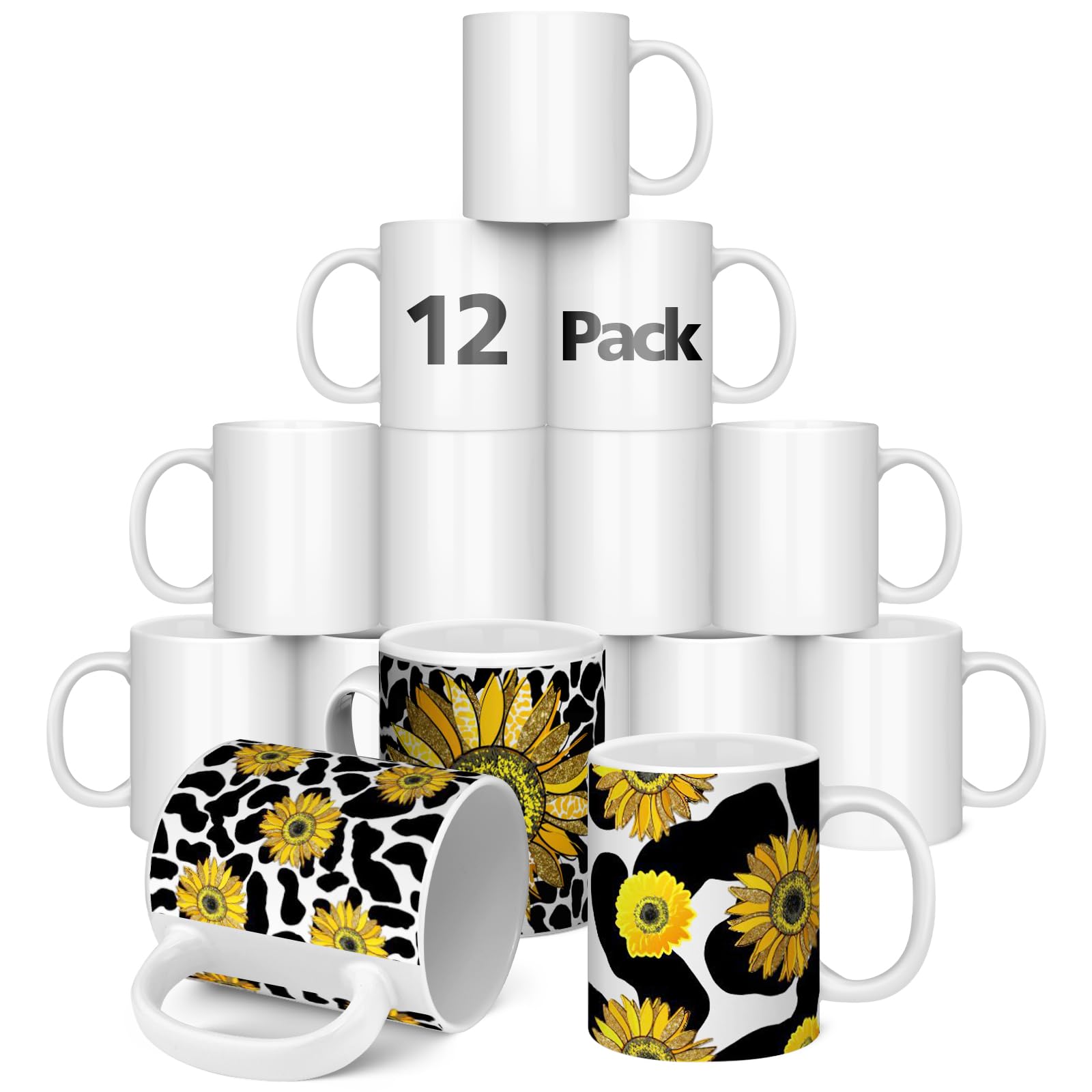 11oz Sublimation Mugs 12-Pack - White Ceramic Blank Coffee Cups for Photo Printing | Bulk Sublimation Supplies with Heat Tape & Transfer Paper | Perfect for DIY Crafts, Personalized Gifts & Small Business Promotions