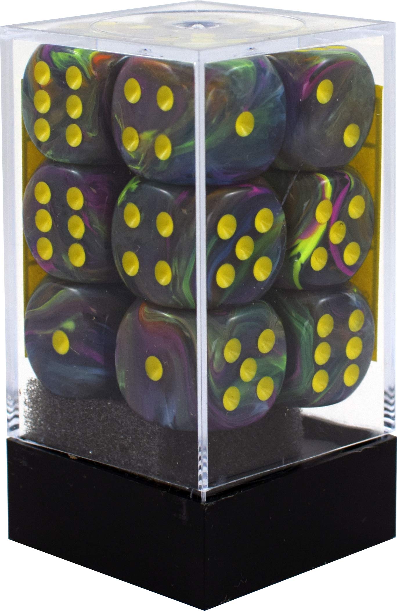 Festive Rio Marble Swirl Chessex Dice d6 Sets with Yellow Pips - 16mm Six Sided Gaming Dice (12-Piece Block) for D&D, RPGs, Board Games & Tabletop Adventures