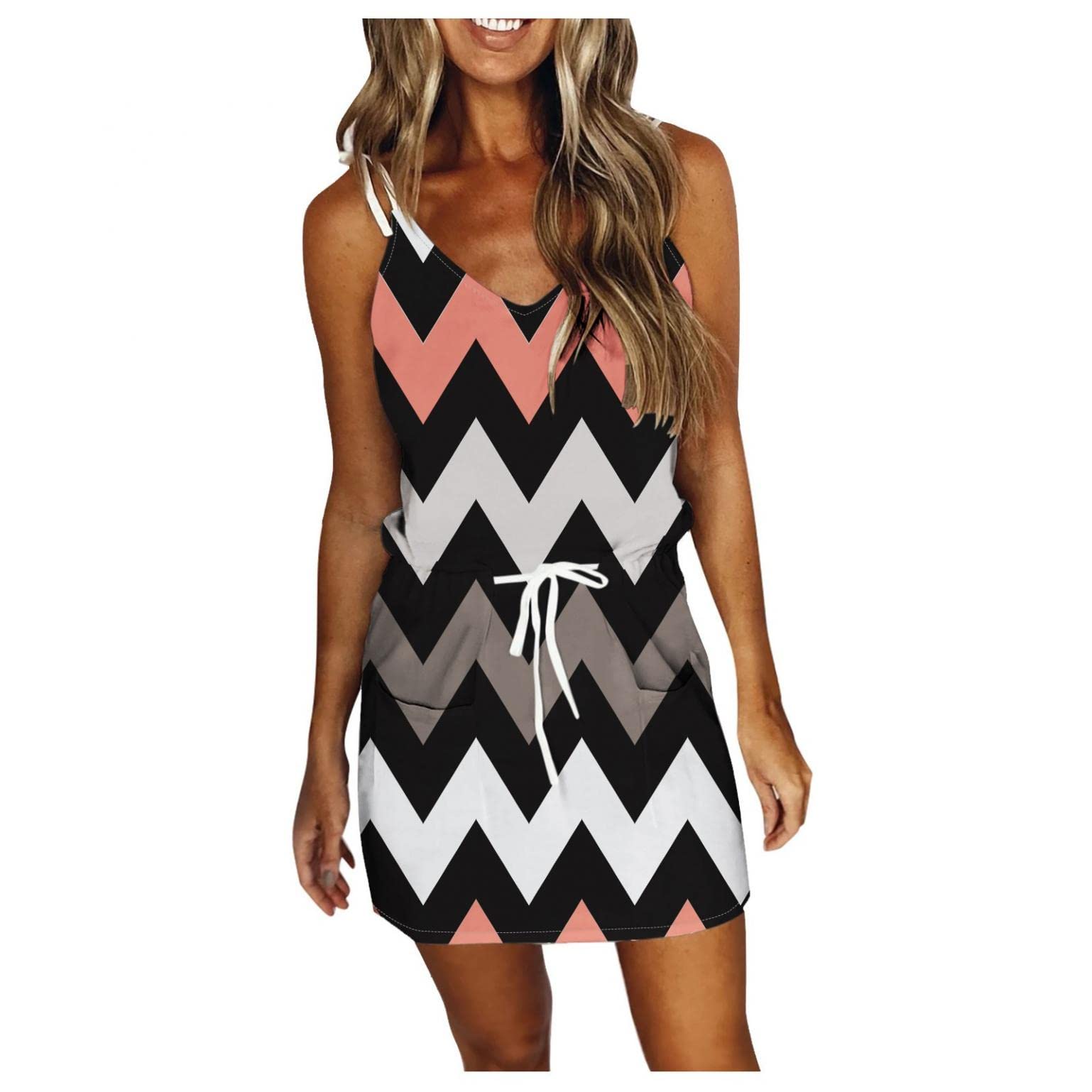 Stylish Women's Casual Deep V Neck Backless Cami Dress - Sleeveless Tie Waist Ruffle A-Line Summer Party Dress for Beach, Club & Date Night Outfits