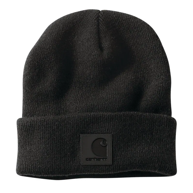 Carhartt Tonal Patch Beanie for Men & Women - Warm Winter Hat with Logo Patch - Black Cuffed Knit Beanie for Outdoor Activities, Skiing & Snowboarding