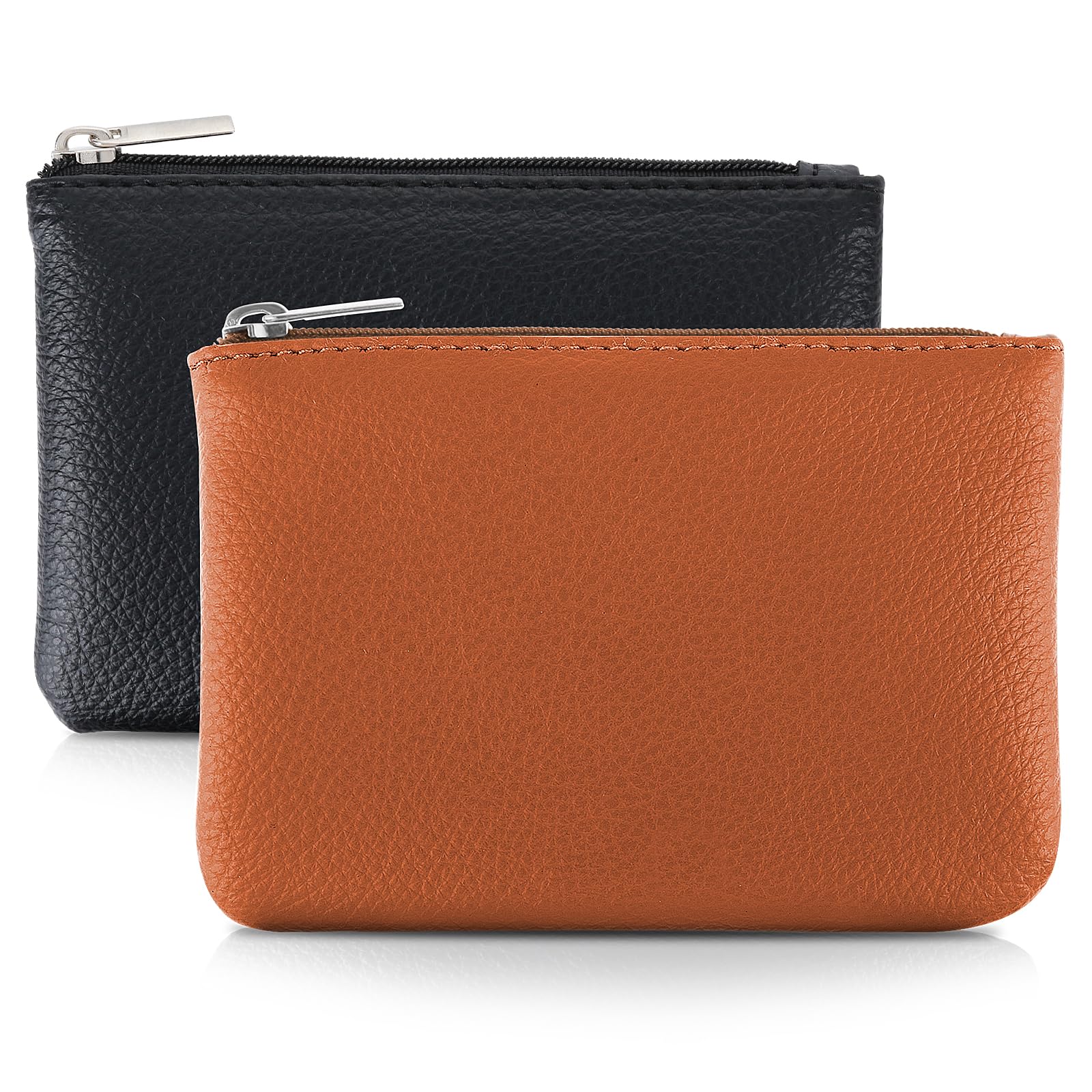 2Pcs PU Leather Coin Purse for Women - Mini Zipper Wallet with Keychain for Credit Cards, Cash, ID, Keys & Lipstick (Black + Brown) | Compact Travel Organizer & Everyday Essentials Holder
