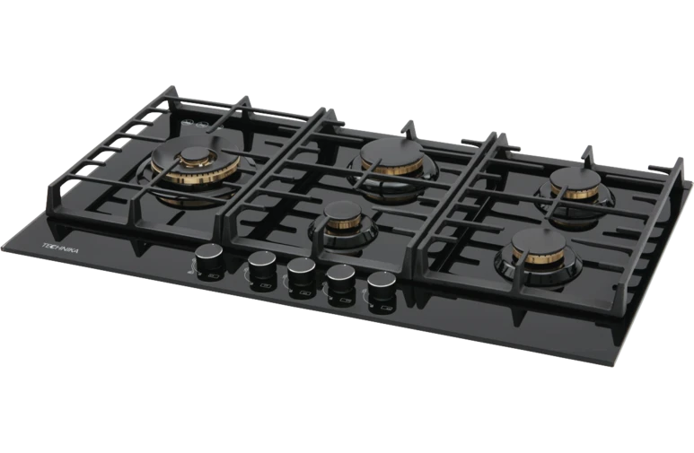 Technika TGC9GLBK 90cm Black Glass Gas Cooktop - 4 Burner Gas Stove for Modern Kitchens | Perfect for Home Cooking, Baking & Entertaining