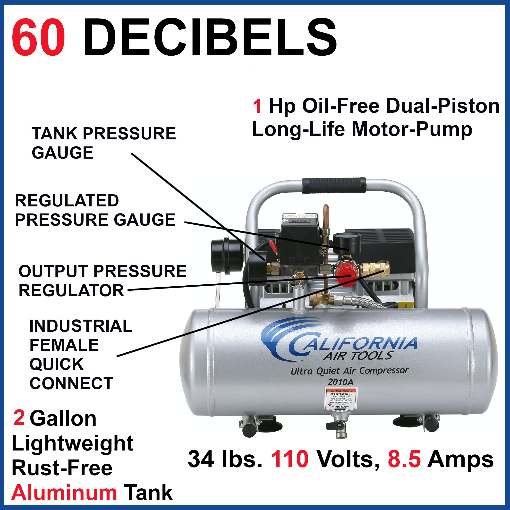 California Air Tools 2010AGK18 Ultra Quiet Oil-Free 1.0 HP Air Compressor with 2.0 Gallon Aluminum Tank & Nail Gun Kit - Perfect for Home DIY Projects, Woodworking, and Professional Construction Work