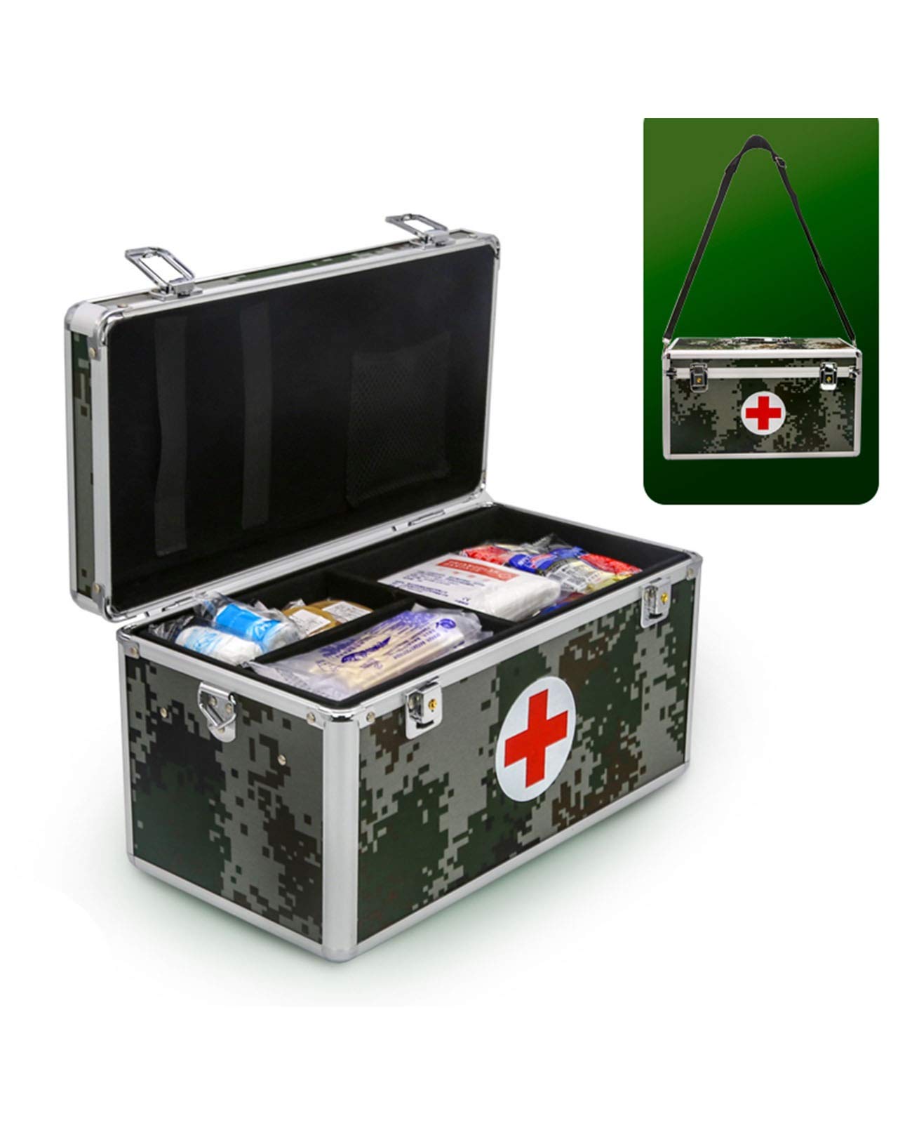 Portable First Aid Kit - Aluminum Alloy Medical Storage Box for Home, Car & Office (36x19x20cm) | Compact Medicine Organizer with Camouflage Design | Emergency Preparedness for Family Safety & Outdoor Activities
