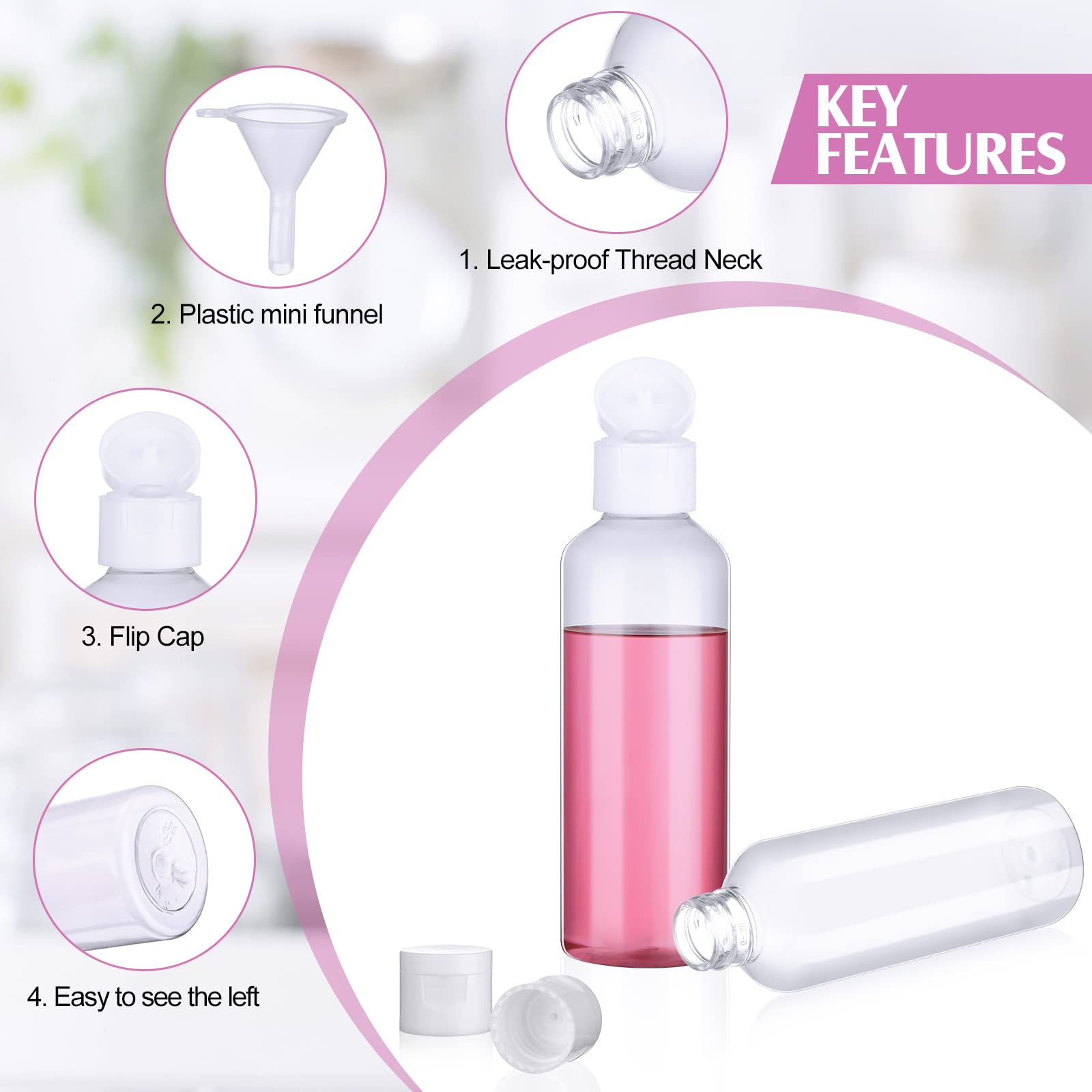 50-Piece 3.4oz Travel Bottles Set - Leakproof Squeeze Bottles with Flip Caps & Funnels for Toiletries & Cosmetics - Perfect for Air Travel & Mini Liquids