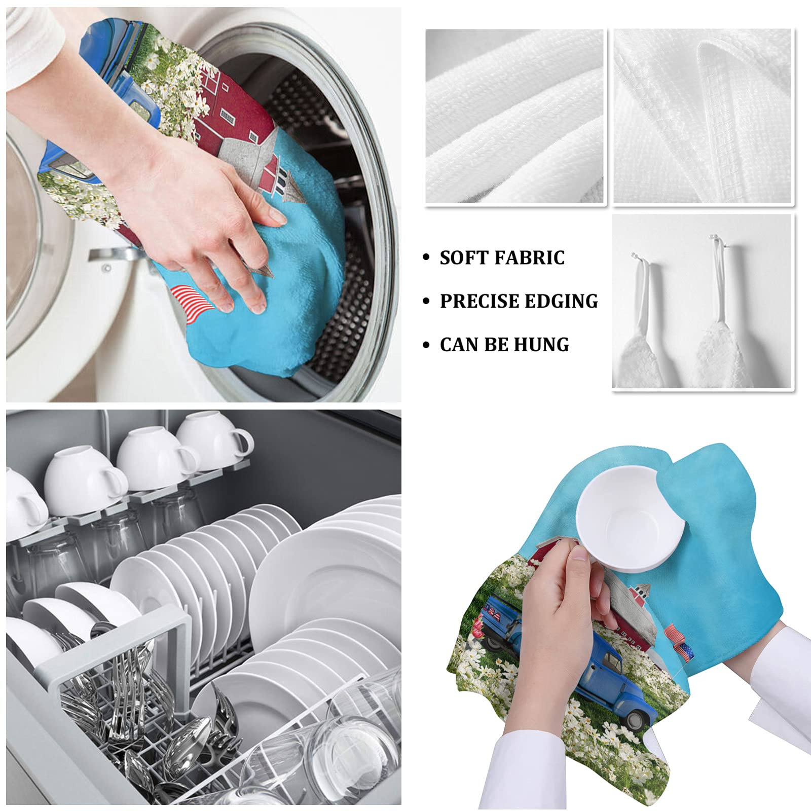 2 Pack Daisy Independence Day July 4th Truck Kitchen Towels - Soft Absorbent Cotton Dish Towels, Tea Towels & Bar Towels for Kitchen & Bathroom - Perfect for Drying Dishes, Decorating for Holidays & Everyday Use