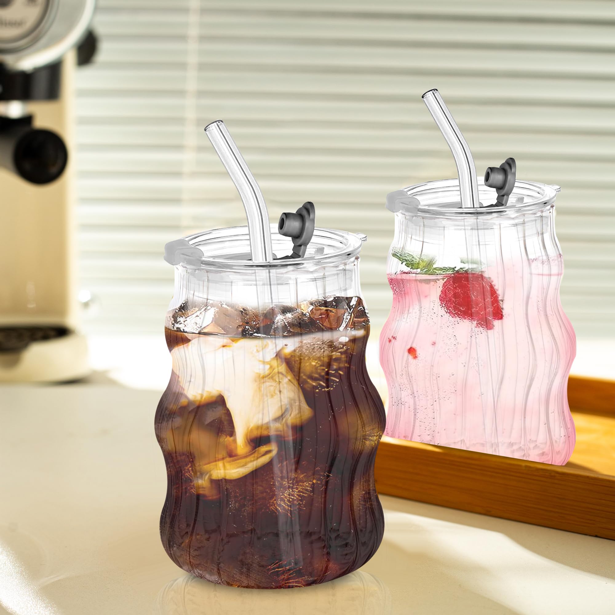 Ribbed Glass Cups with Lids and Straws - 18oz Vintage Wavy Design for Iced Coffee, Bubble Tea & Smoothies | Clear Aesthetic Glassware for Home, Cafe & Gifts