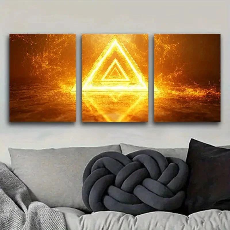 3pcs Glowing Yellow Triangle Metal Wall Art - Ready to Hang Modern Home Decor for Living Room, Bedroom & Office
