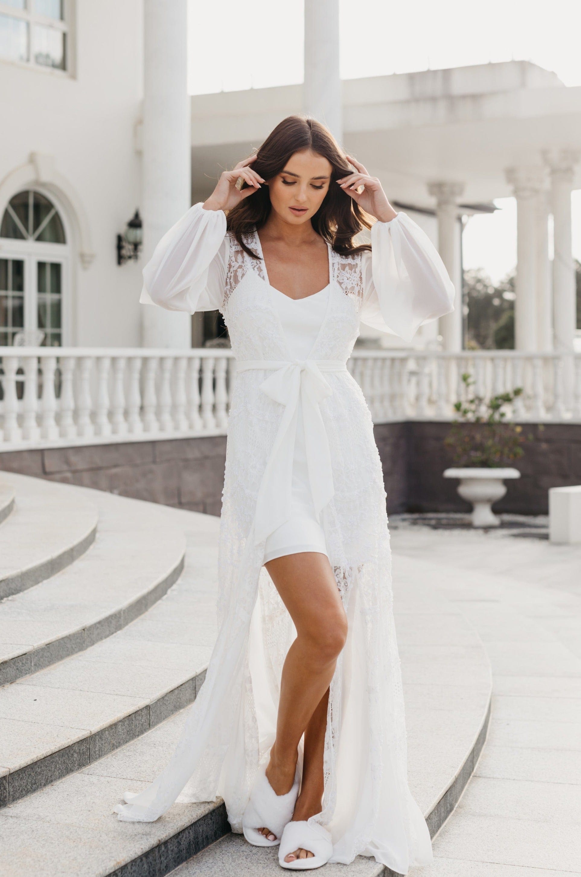 Elegant Hand-Beaded Pearl Maxi Bridal Robe with Slip - Perfect for Wedding, Bridal Shower & Honeymoon Getaway