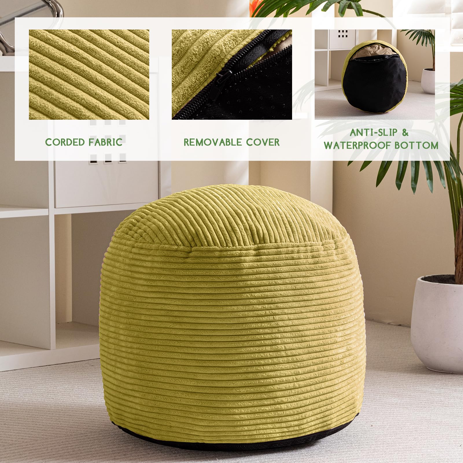 MAXYOYO Round Stuffed Pouf Ottoman - Corduroy Foam-Filled Footrest & Seating, 20 x 15 Inches, Green - Perfect for Living Room, Bedroom & Nursery Decor