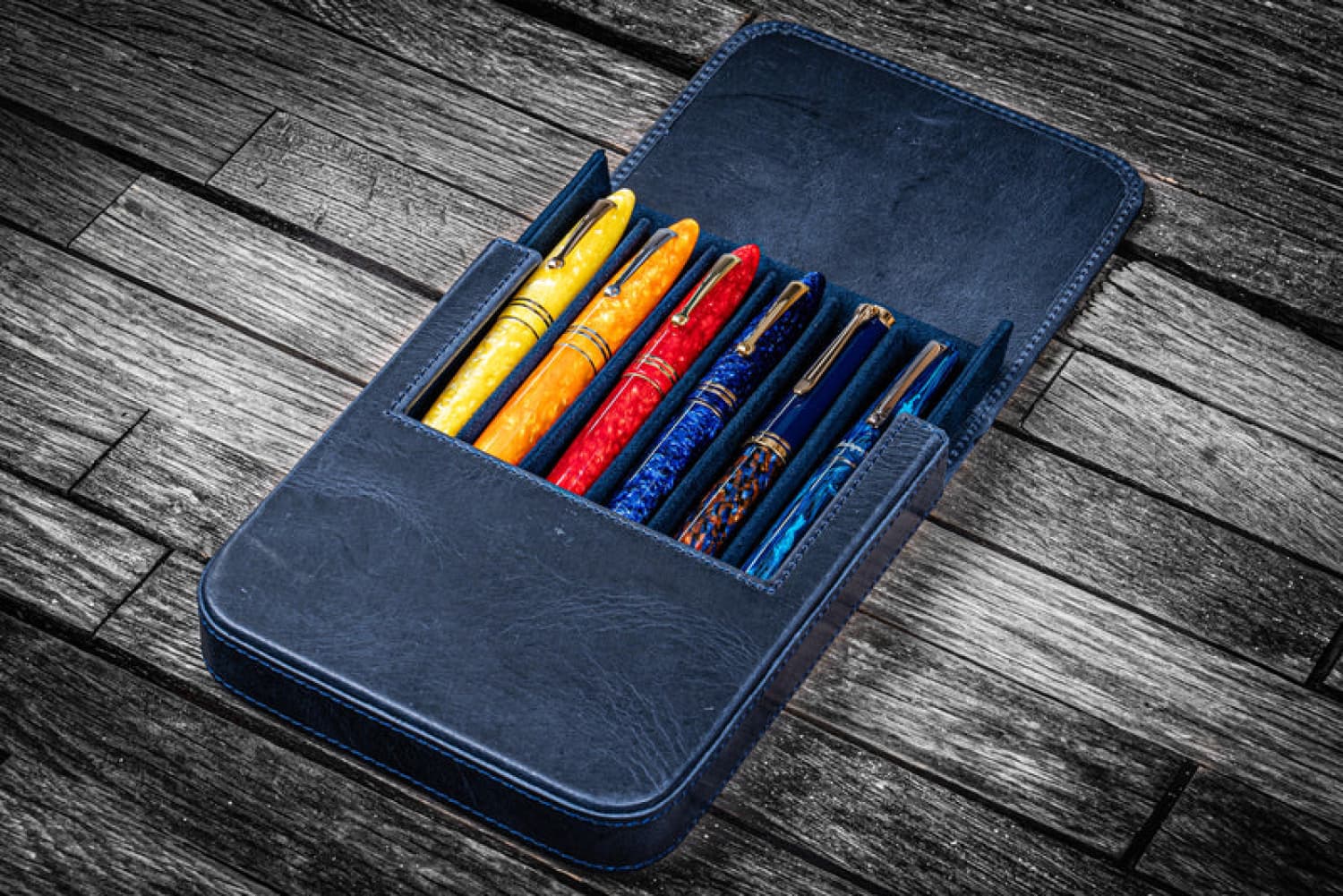 Premium Galen Leather Magnum Opus 6-Slot Hard Pen Case - Crazy Horse Navy Blue | Luxury Fountain Pen Storage & Travel Organizer for Writers & Collectors