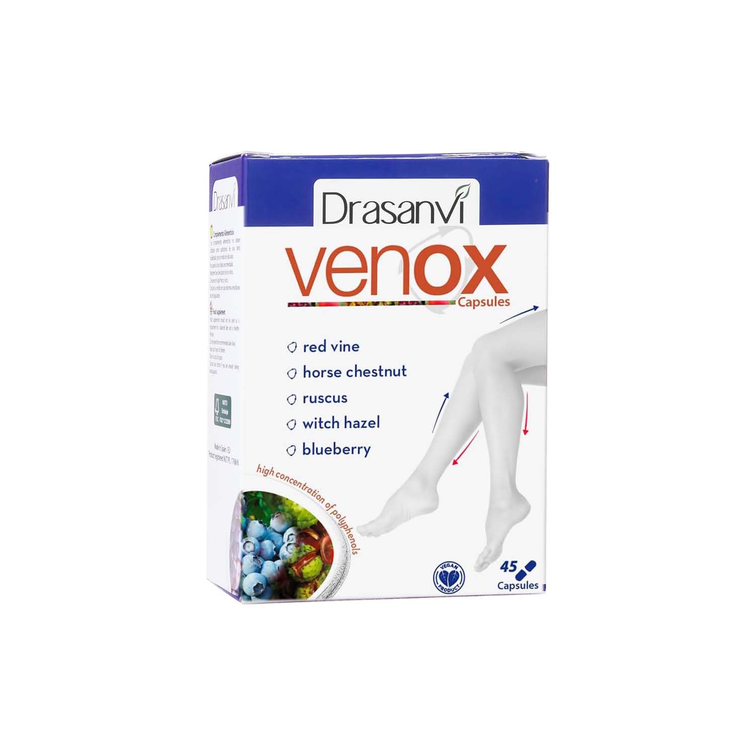 Drasanvi VENOX 45 Capsules - Vegan Multivitamin Supplement with Red Vine, Blueberries & Blackcurrant | Rich in Vitamins A, C, E | Gluten Free | Supports Leg Health & Circulation | Perfect for Active Lifestyles & Wellness Routines