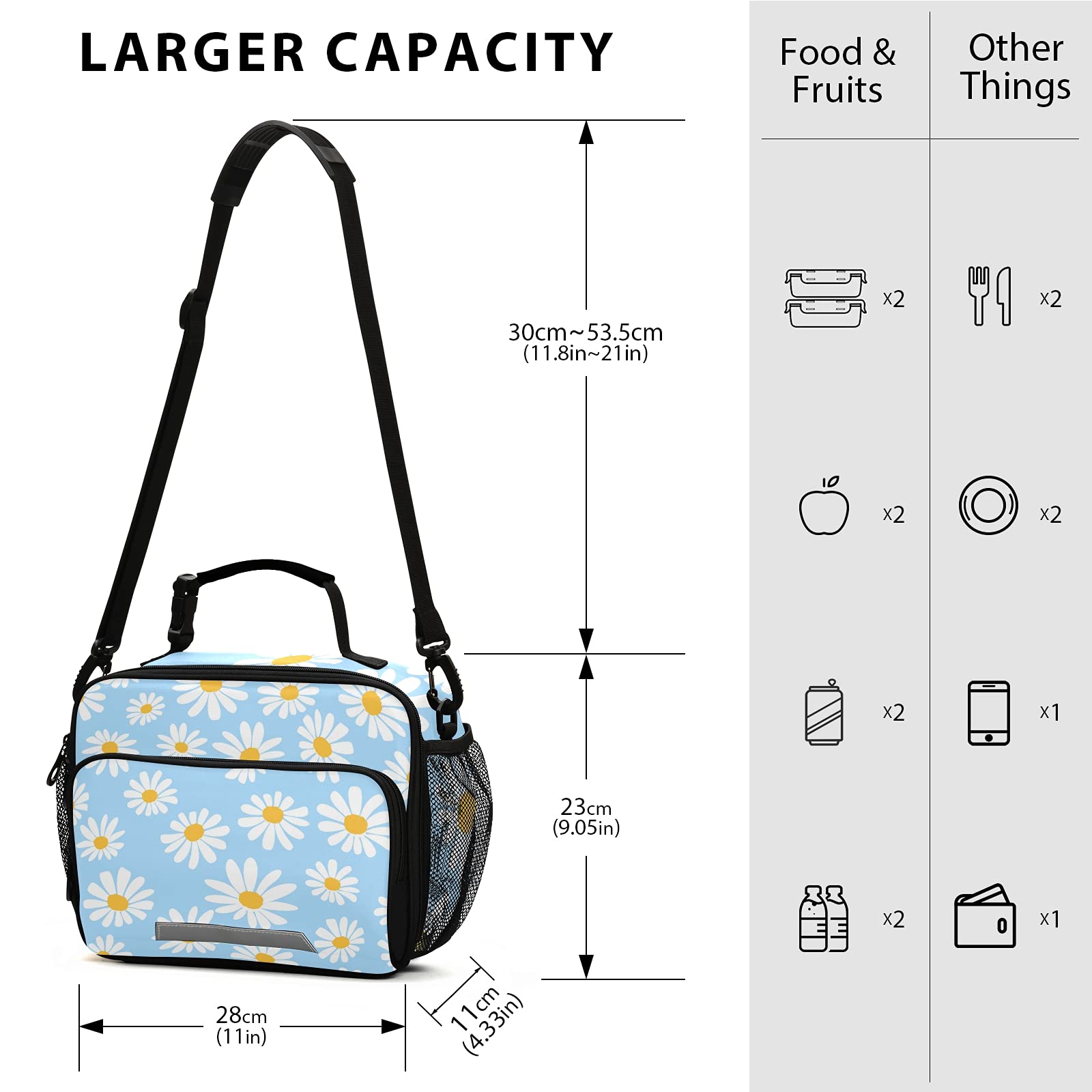 Xigua Insulated Lunch Bag with Detachable Shoulder Strap - Daisy Flower Design on Blue Background, Thermal Cooler Tote for School, Office, Picnic & Travel - Perfect for Students, Men & Women