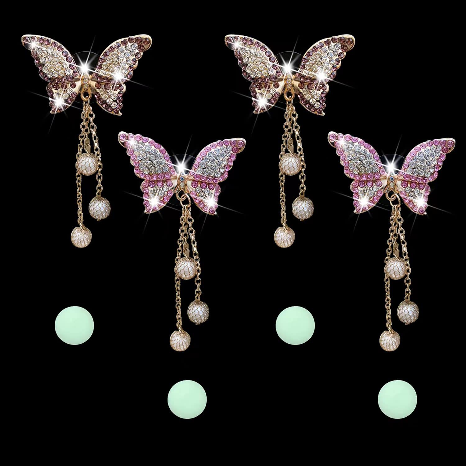 4 Pcs Bling Butterfly Car Aromatherapy Air Vent Clips - Diamond Pearl Pendant Butterfly Car Air Fresheners | Cute Car Decor Accessories for Women | Perfect for Car Interior Decoration & Gift Giving