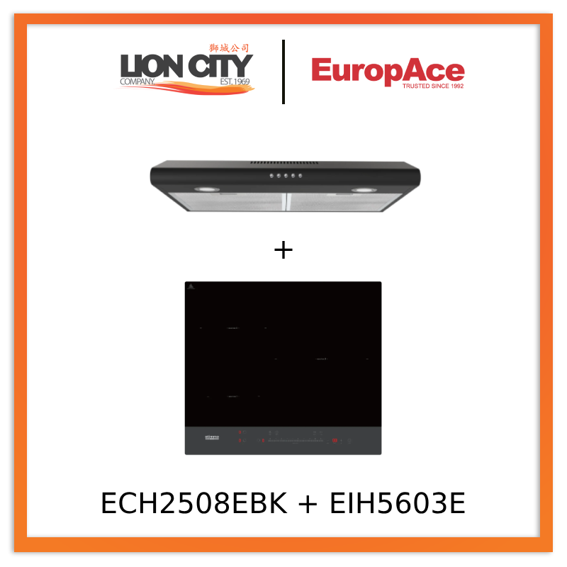 Europace ECH2508EBK 60cm Slimline Range Hood & EIH5603E 60cm Induction Cooktop - Modern Kitchen Ventilation & Cooking Combo for Home Chefs