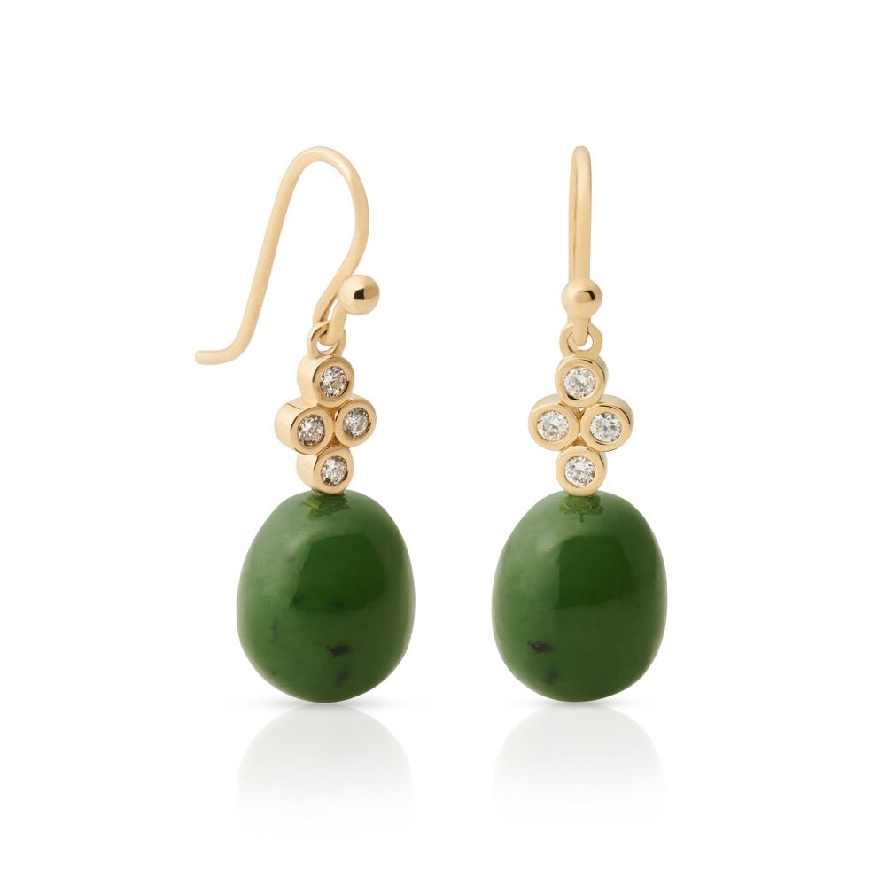 Exquisite Green Nephrite Jade & Diamond Drop Earrings for Women – Elegant Dangle Earrings for Weddings, Parties & Special Occasions