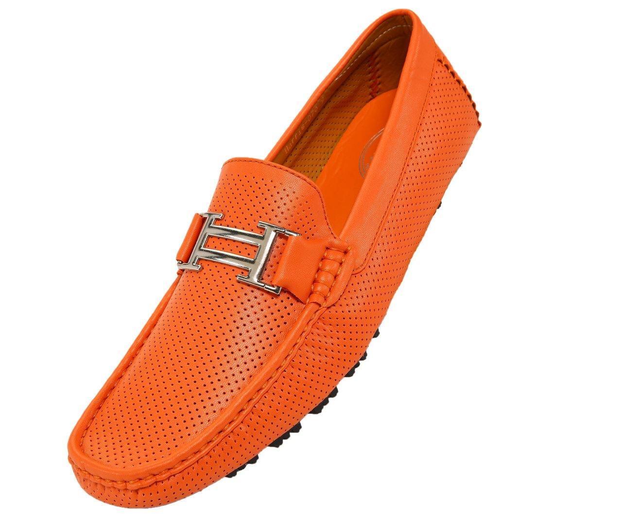 Men's Orange Perforated Smooth Driving Moccasin Loafers - Breathable Casual Slip-On Shoes for Driving, Work & Everyday Wear